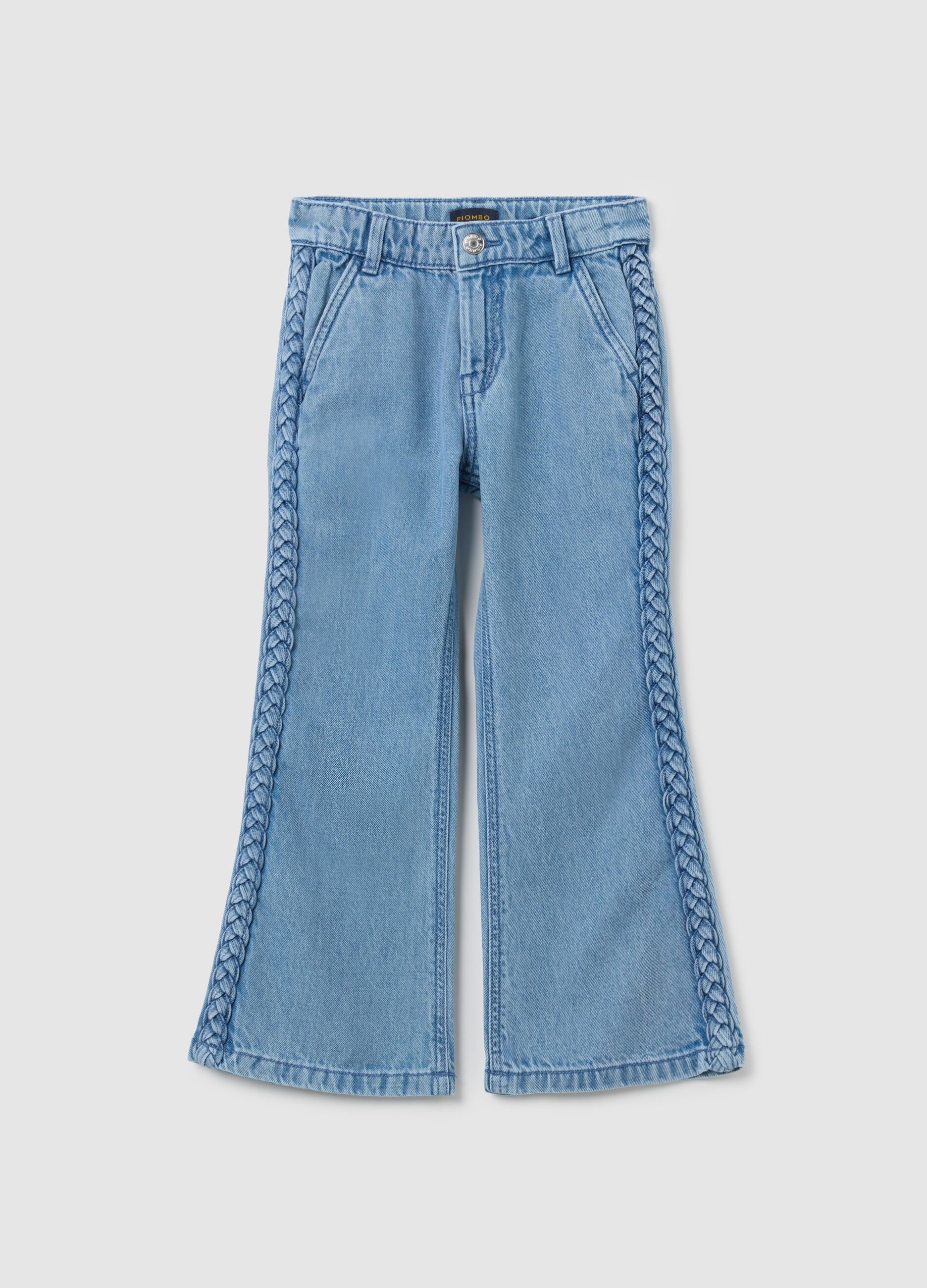 Jeans da ragazza in puro cotone azzurro flare con trecce