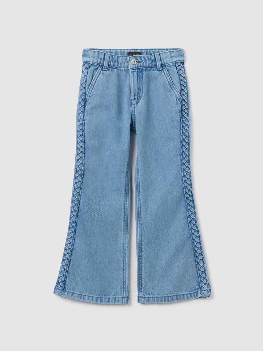 Jeans da ragazza in puro cotone azzurro flare con trecce_0