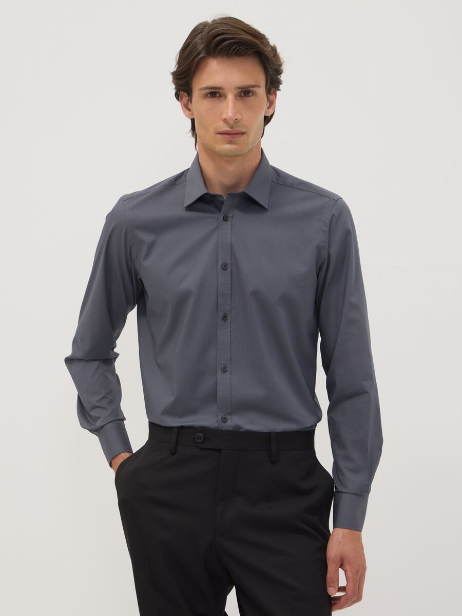 Camicia grigia slim fit con colletto classico easy iron_0