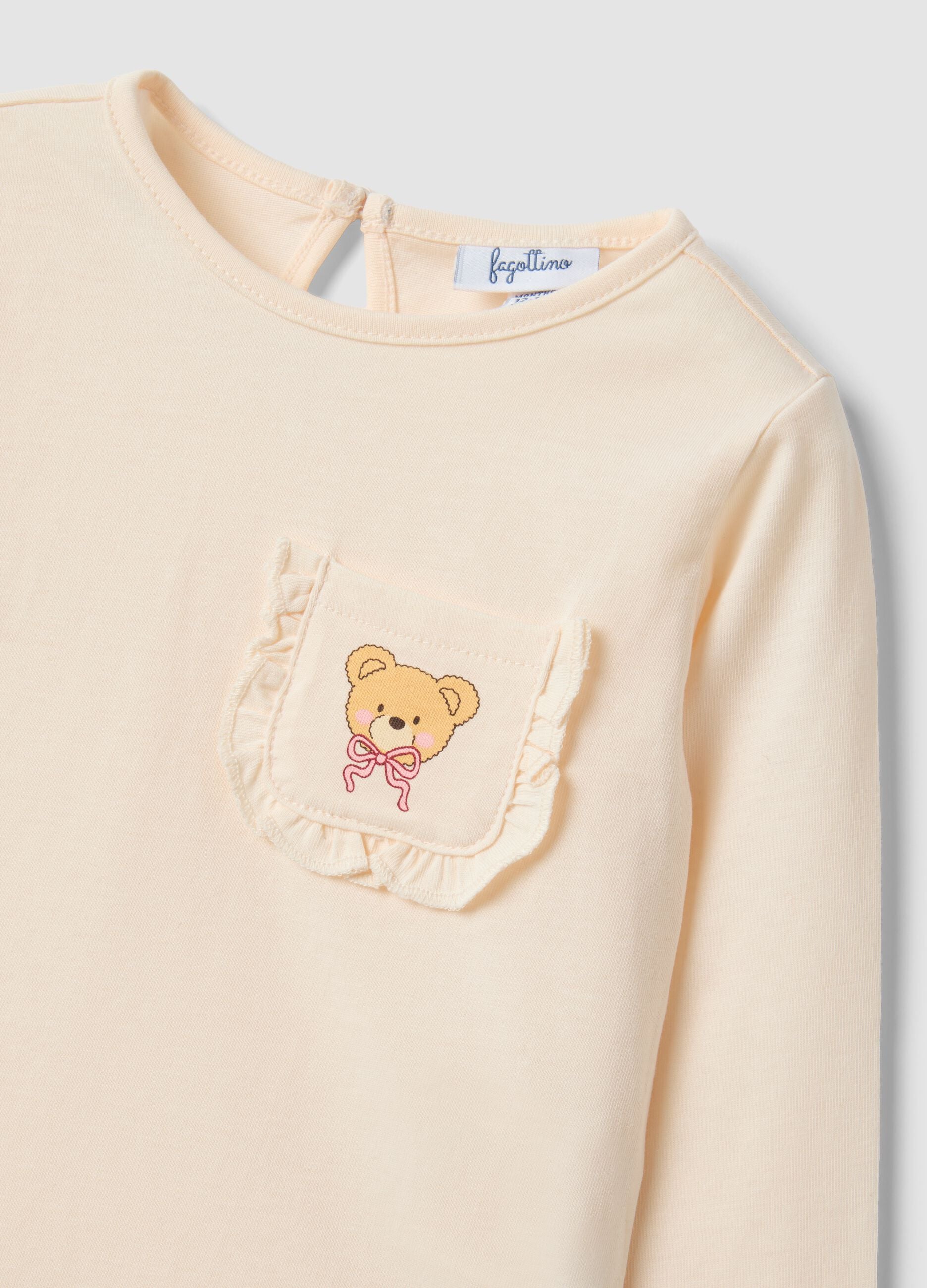 Beige pure organic cotton T-shirt with teddy bear print for baby girl