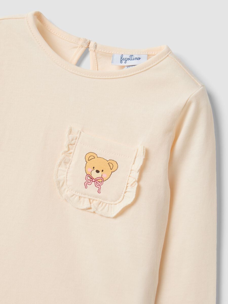 Maglietta beige in puro cotone organico con stampa orsetto per bimba_2