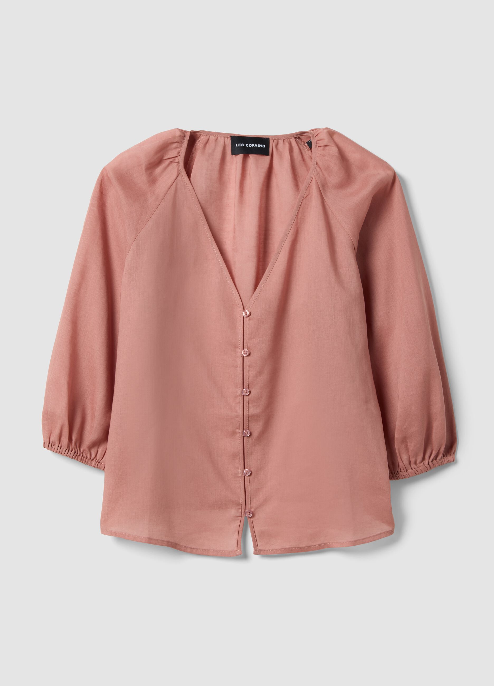 Pink ramie and lyocell-blend shirt with V-neck, regular fit