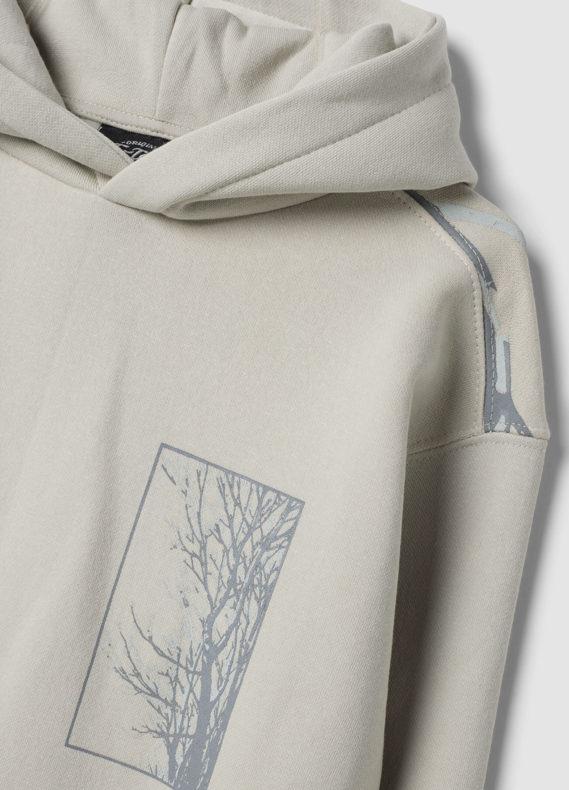 Light grey cotton-blend hoodie with botanical print