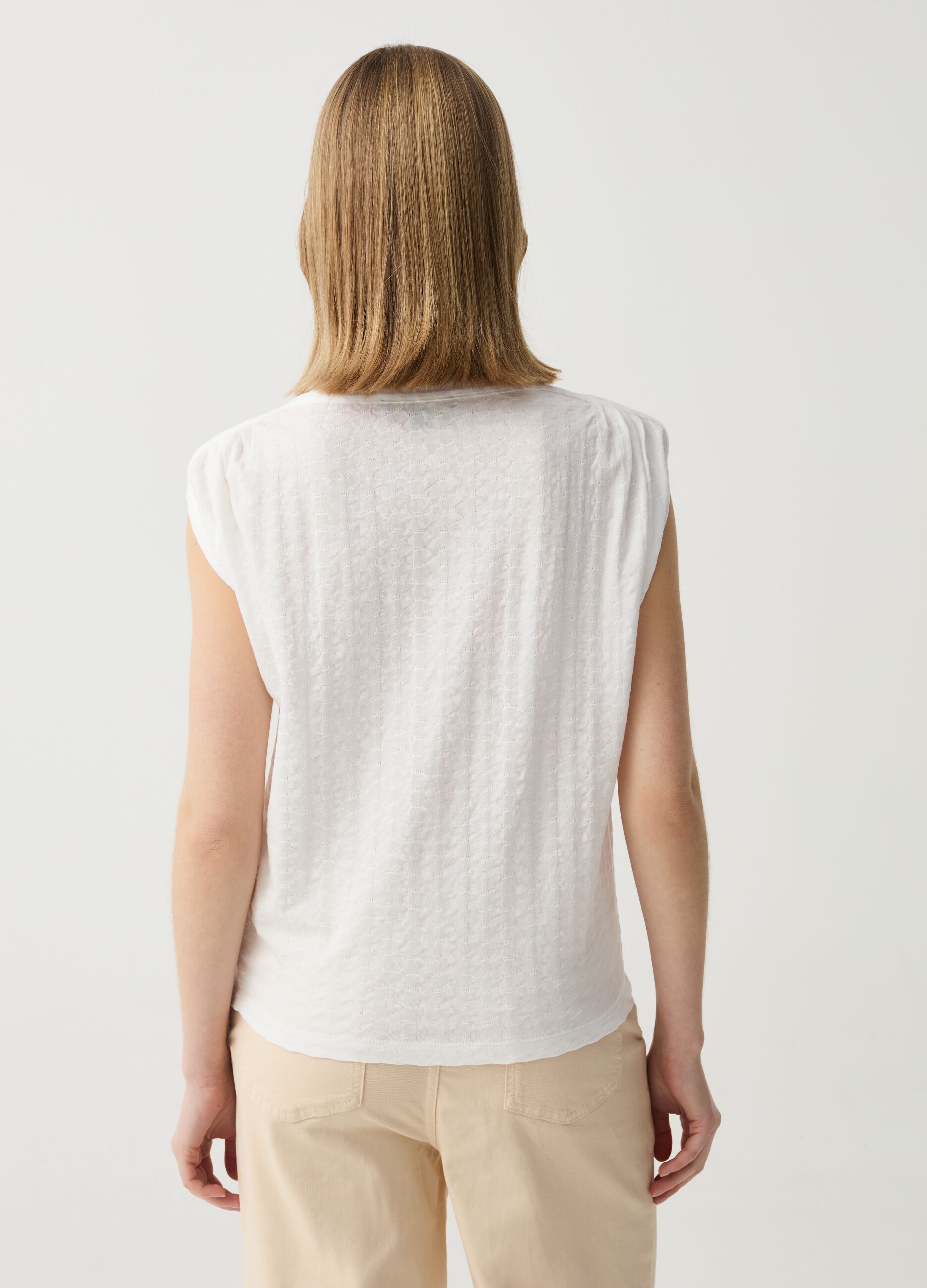 Sleeveless top in jersey with woven texture