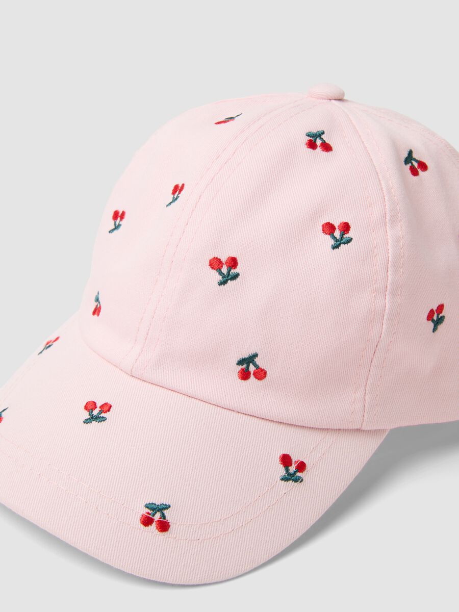 Girls' pure cotton pink hat with embroidered cherries_2