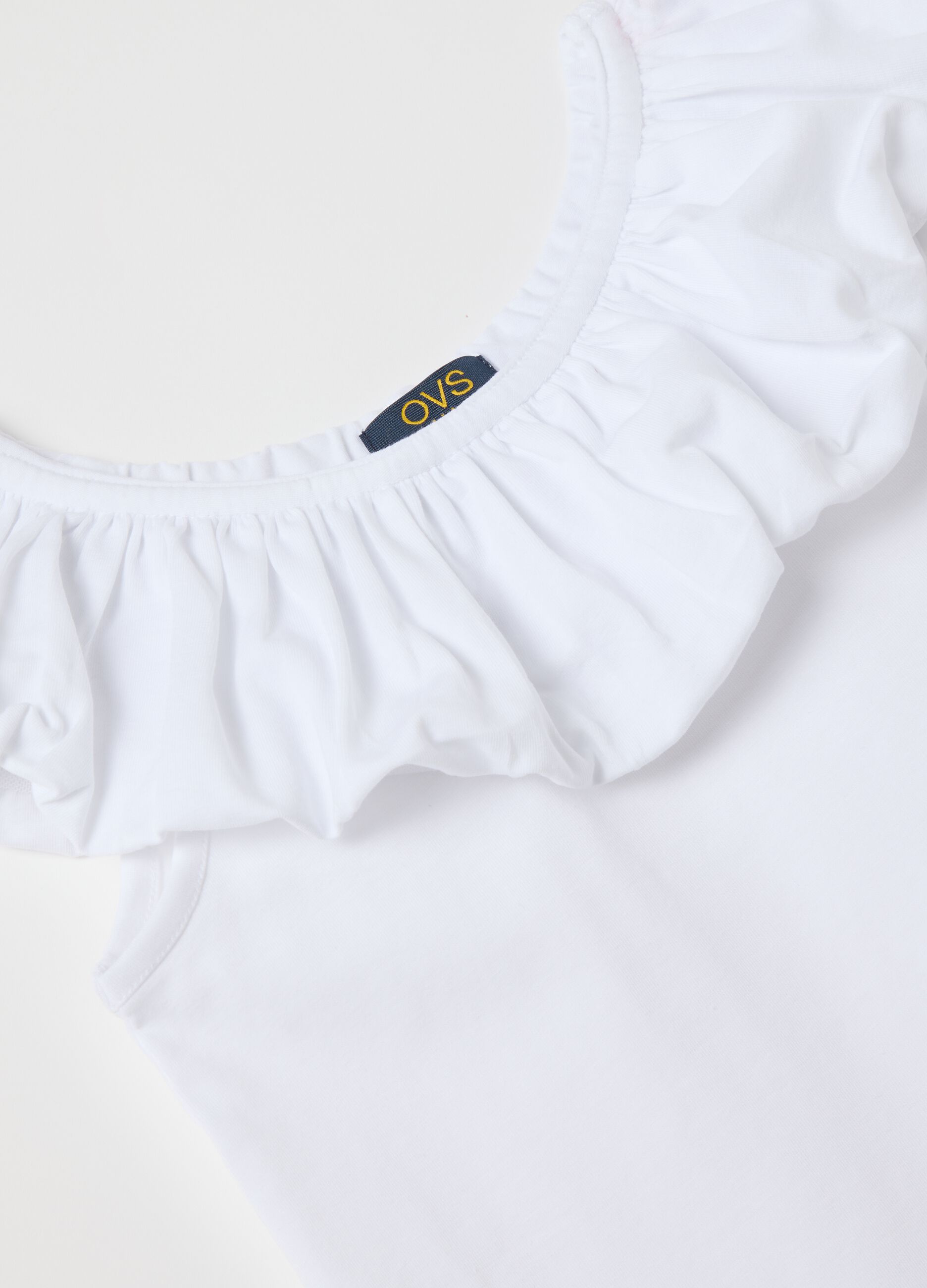 White T-shirt with ruffle neckline