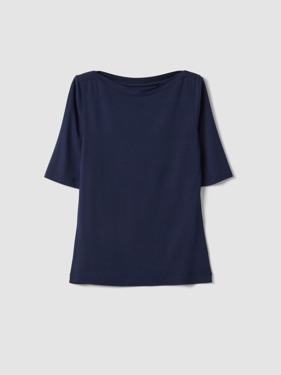 Regular fit blue stretch viscose boat neckline T-shirt_4