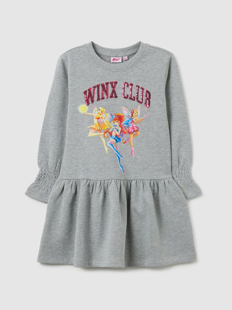 Abito da bambina in misto cotone grigio con stampa Winx_0