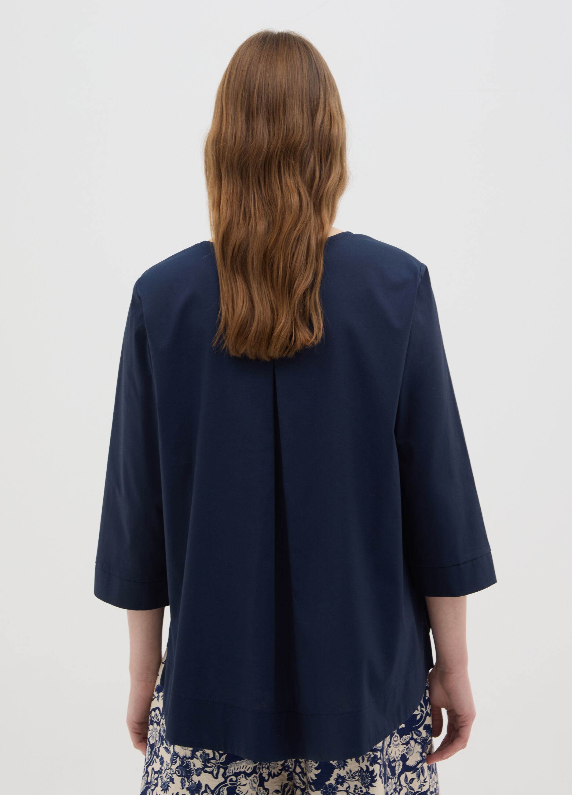 Women's blue cotton regular fit top with round neckline