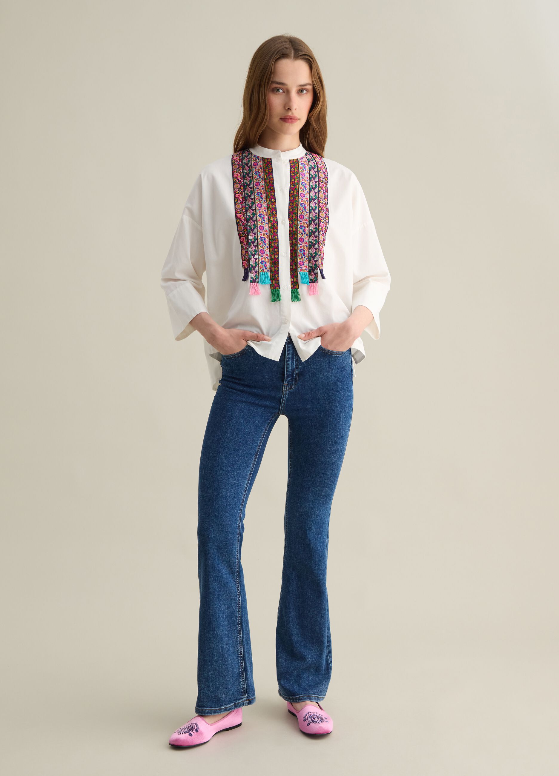 Camicia da donna in puro cotone multicolor regular fit con dettagli