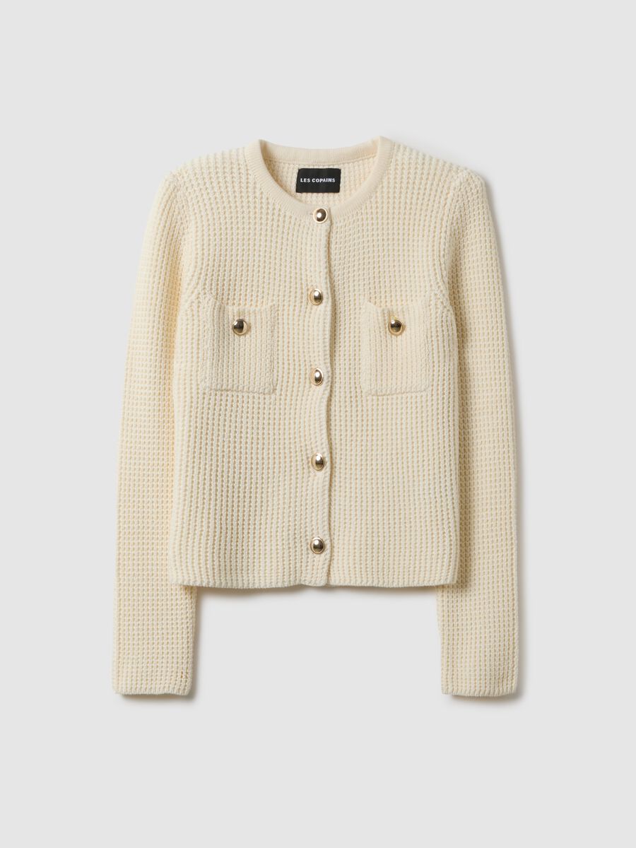 Cardigan in puro cotone bianco regular fit con design a maglia e bottoni_4