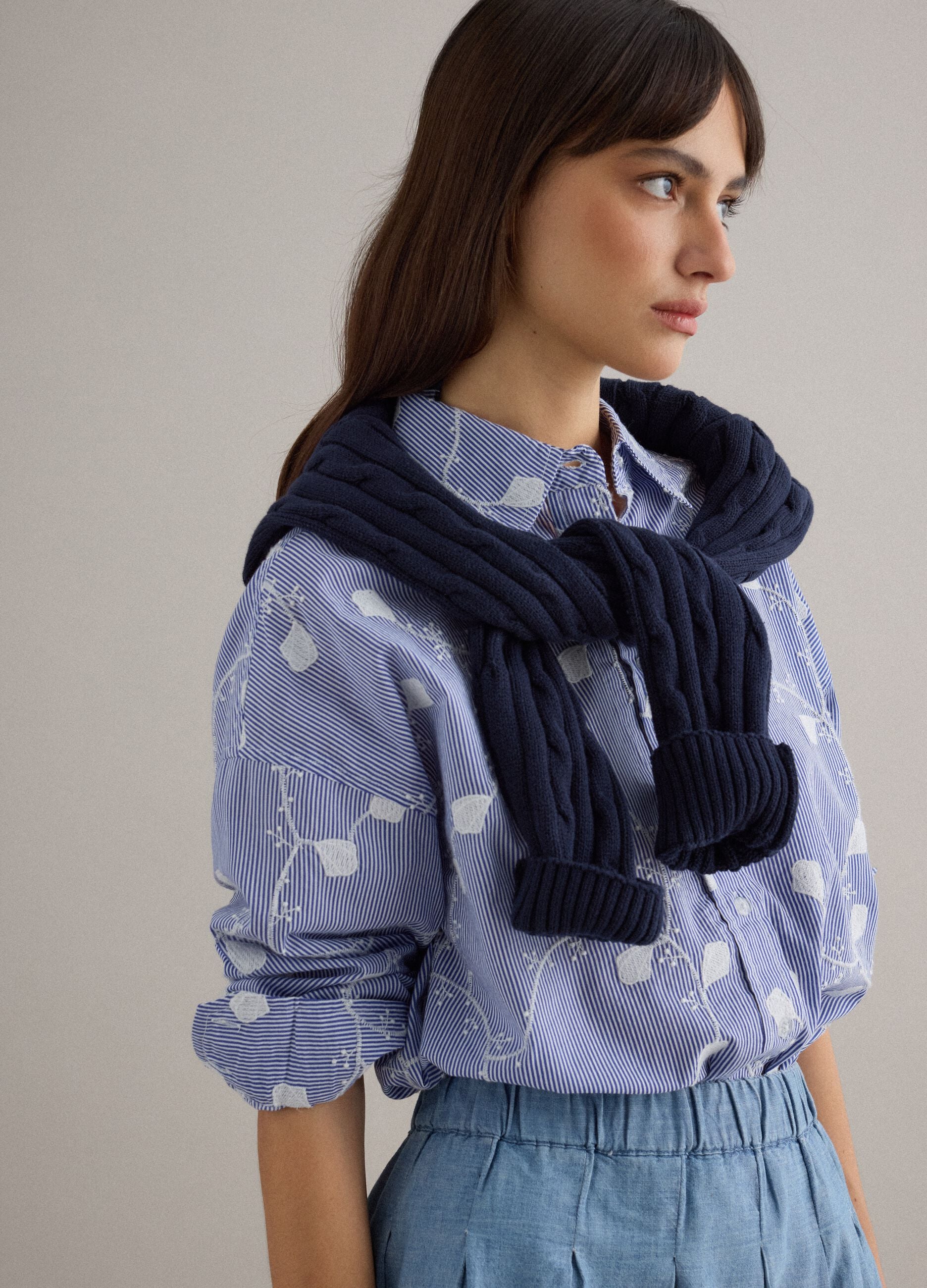 Sky blue pure cotton floral regular fit shirt
