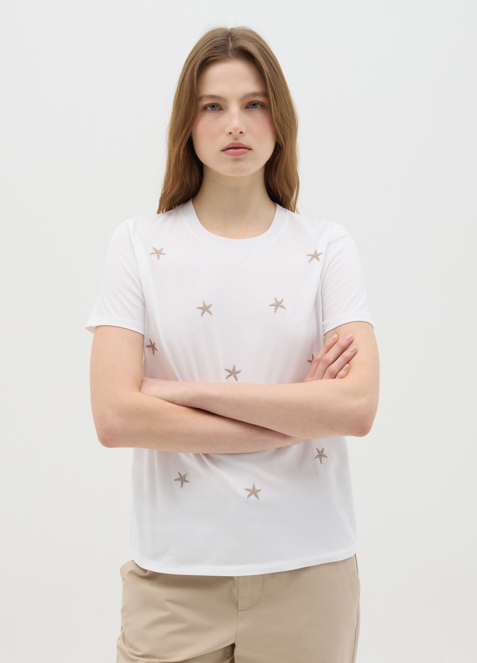 Women's pure cotton white regular fit T-shirt with embroidery