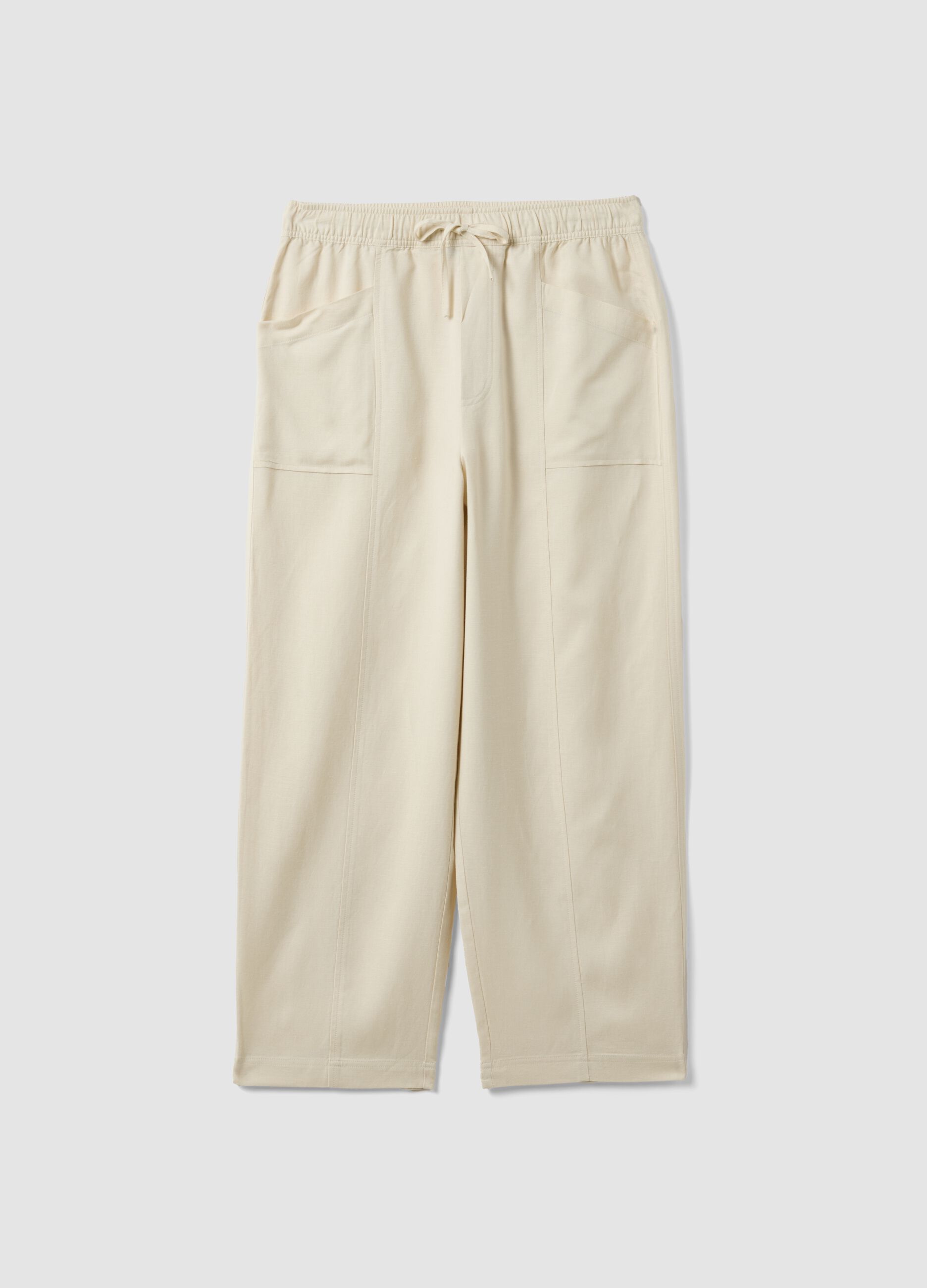 White viscose-linen blend trousers with drawstring, straight fit