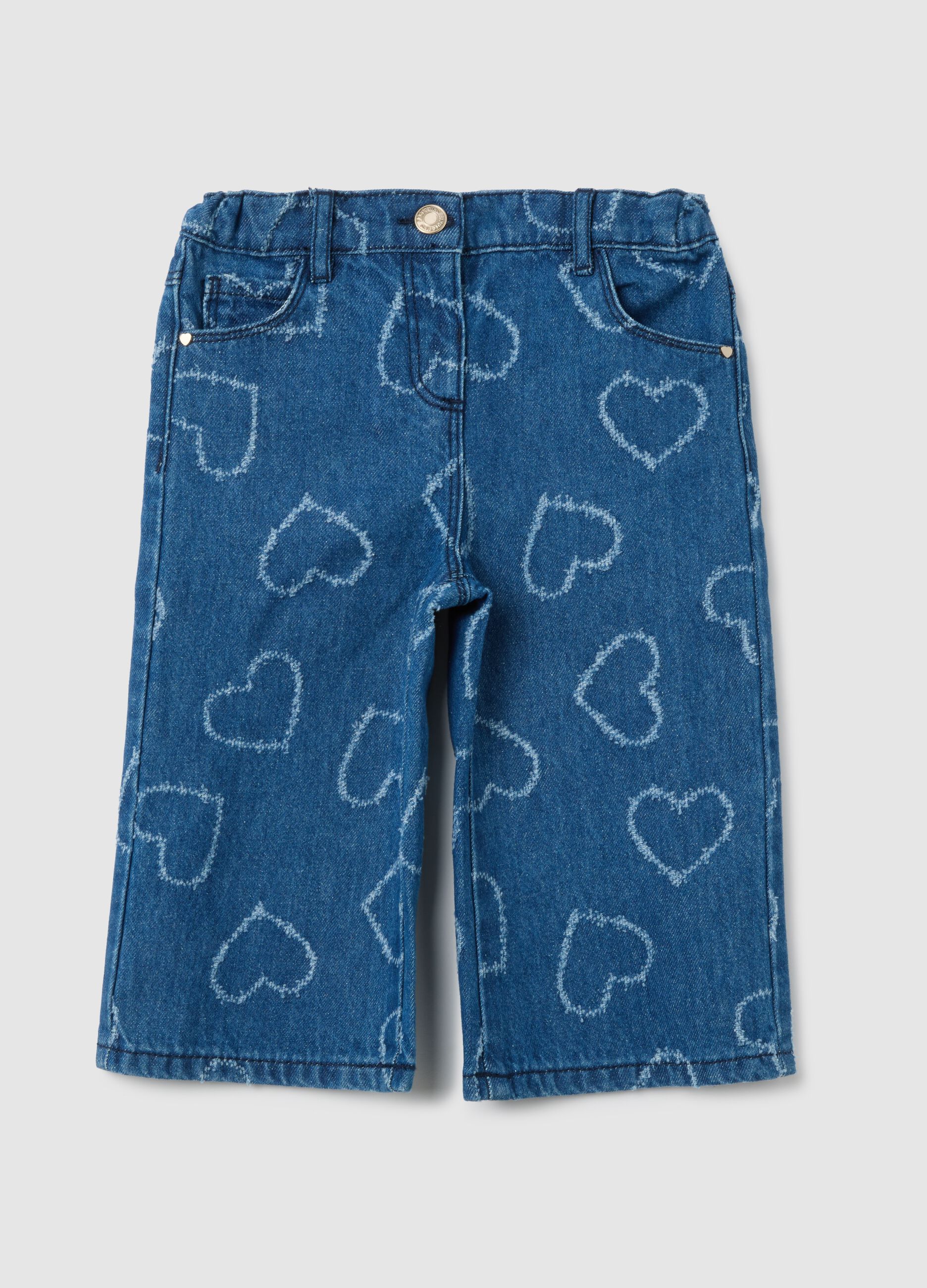 Girls' pure cotton blue wide leg jeans with hearts