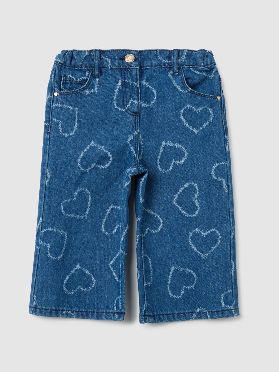 Girls' pure cotton blue wide leg jeans with hearts_0