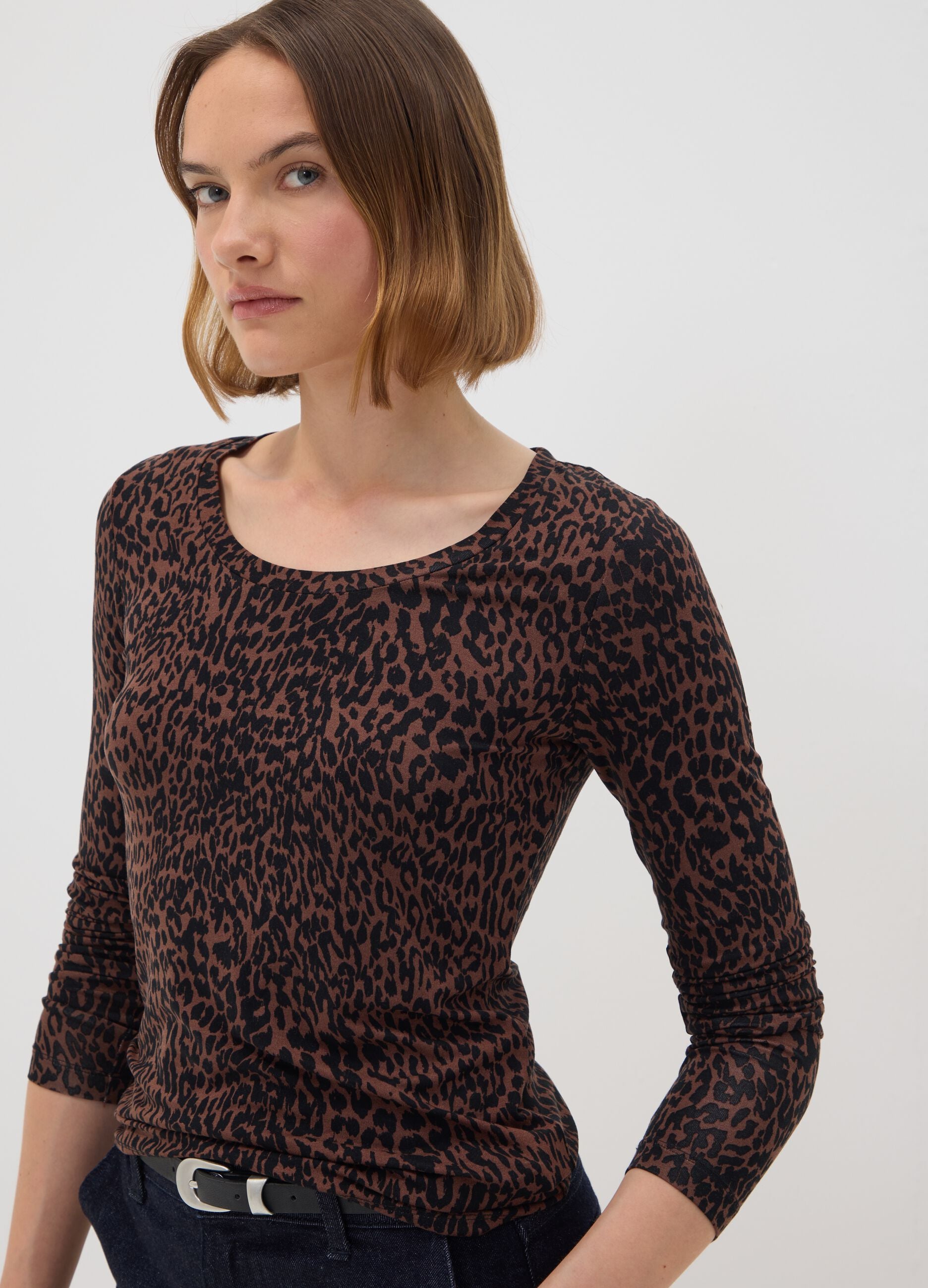 Brown stretch viscose animal-print slim-fit T-shirt