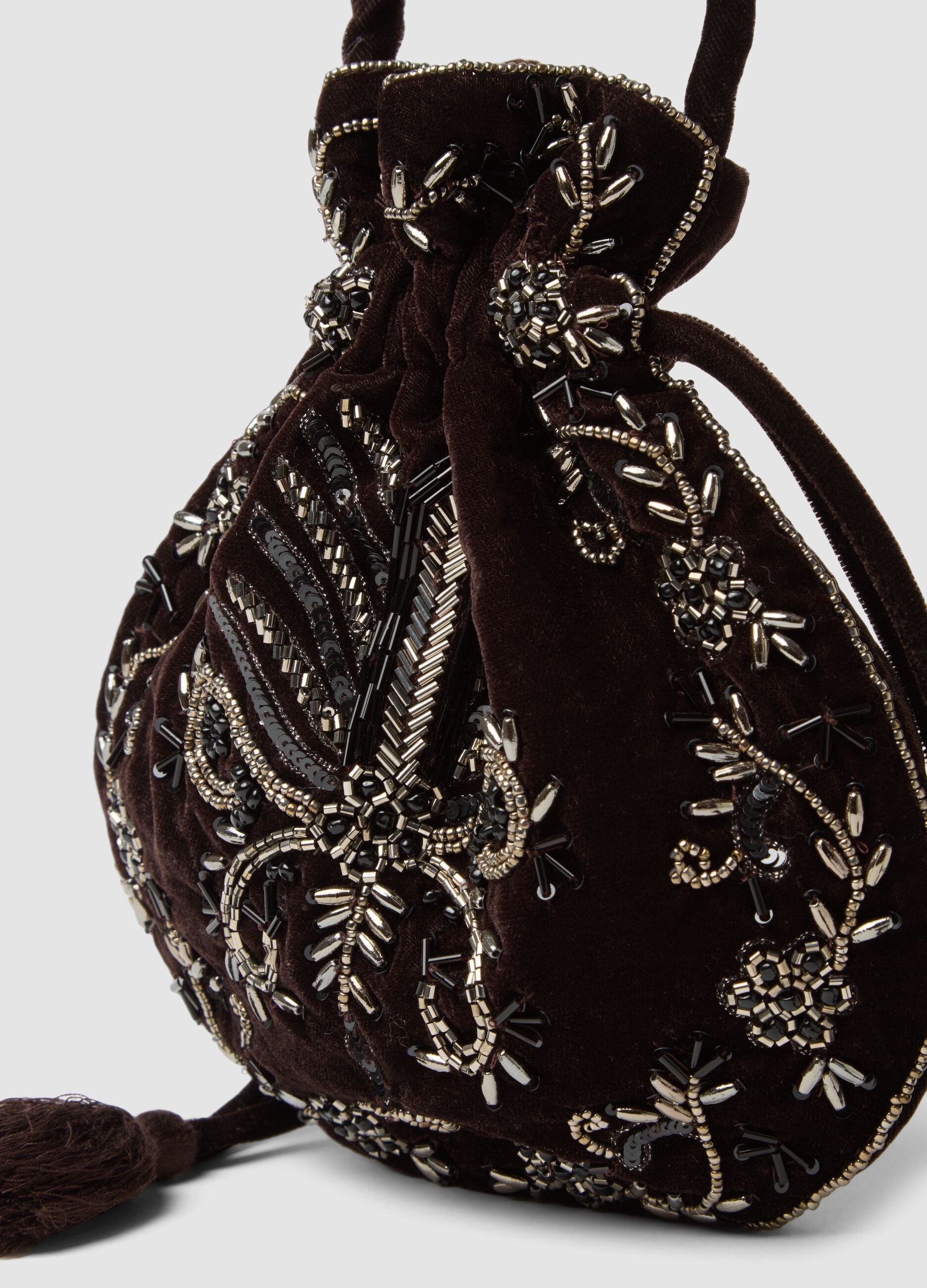 Dark brown bucket bag with beaded embroidery
