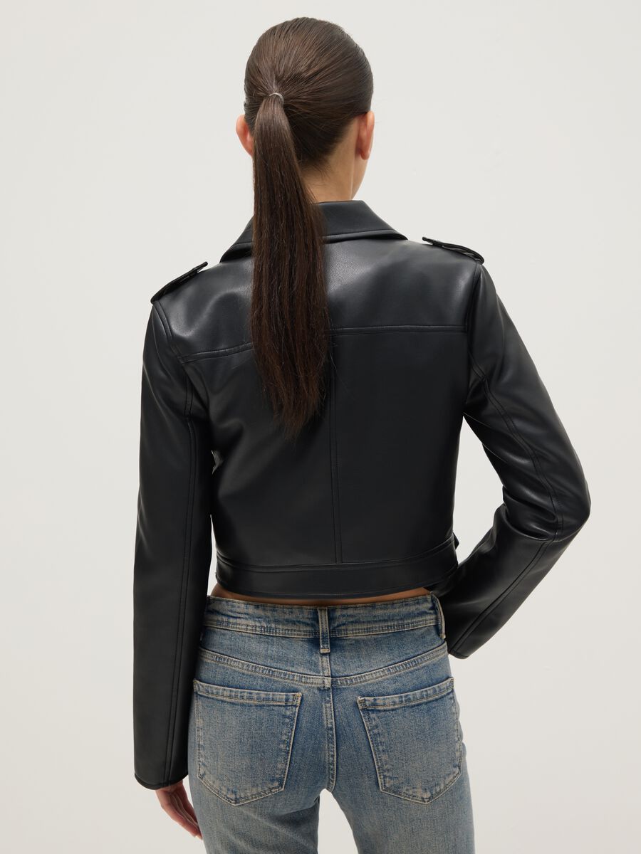 Black biker jacket regular fit with metallic details and diagonal zip_3