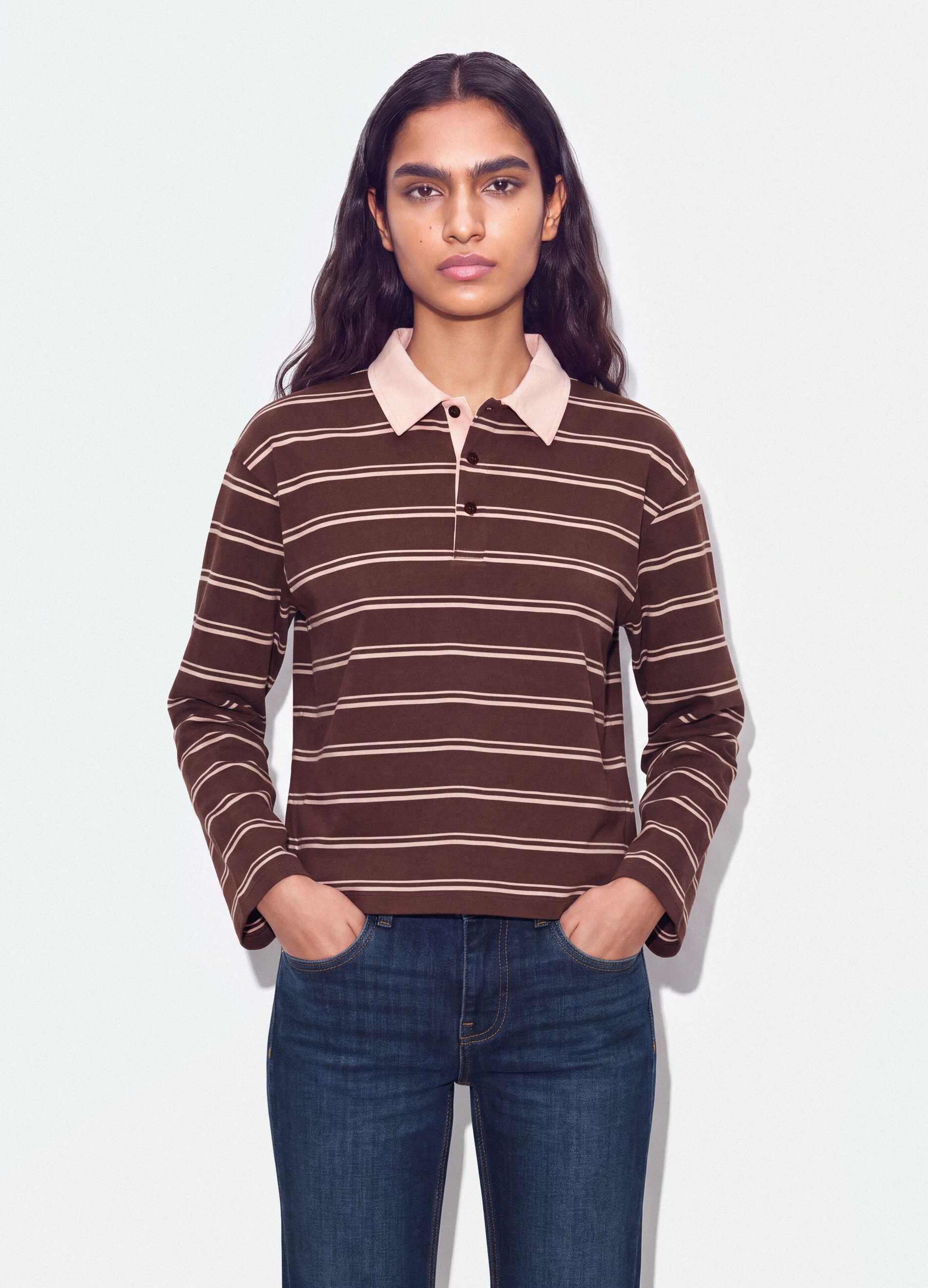 Brown pure cotton striped long-sleeve polo shirt, regular fit