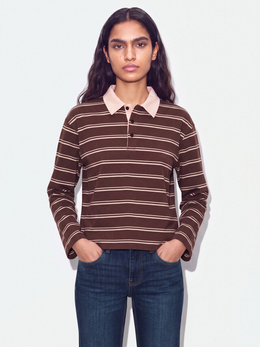 Polo marrone in puro cotone a righe maniche lunghe regular fit_1