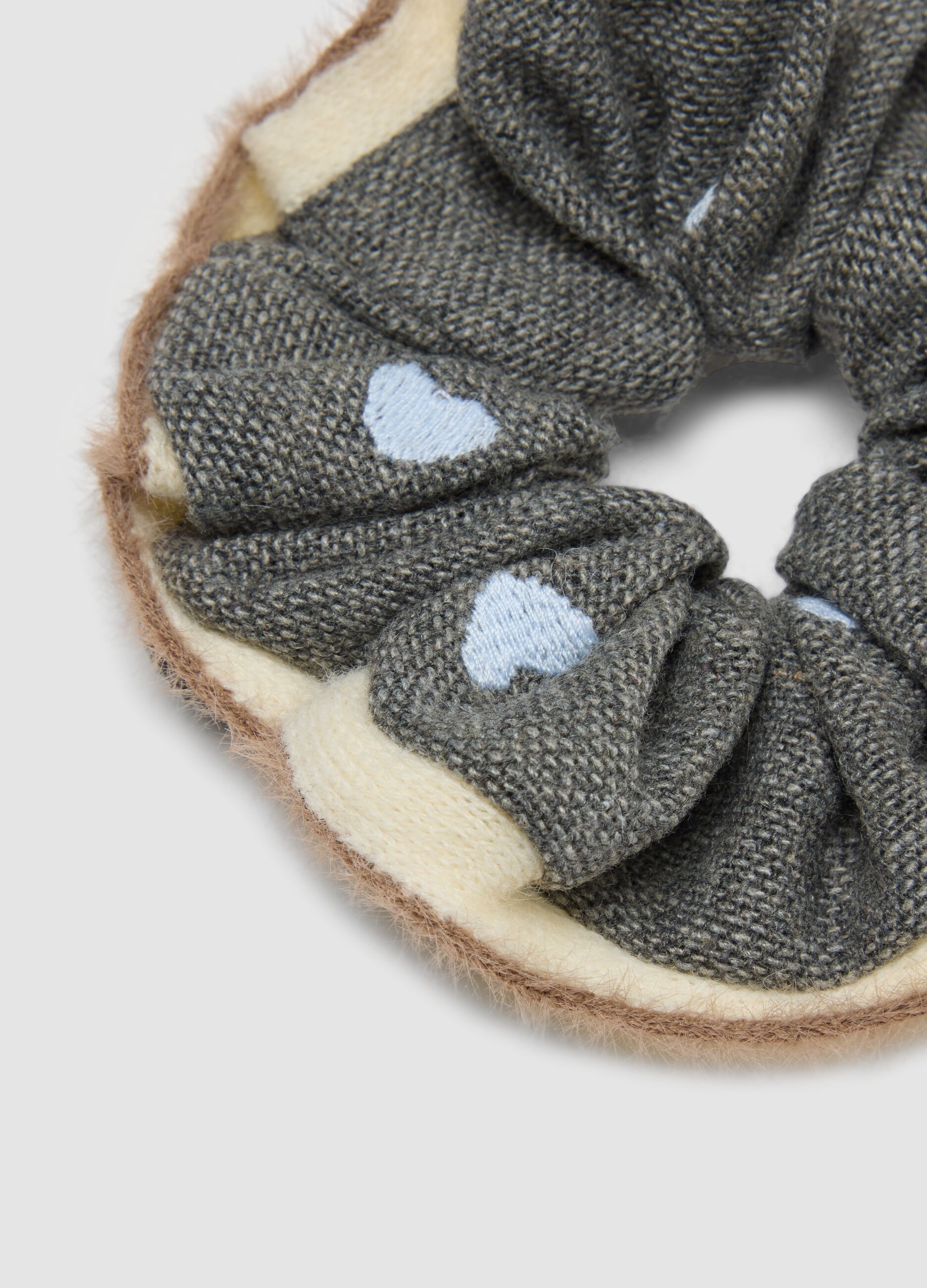Grey scrunchie with light-blue hearts
