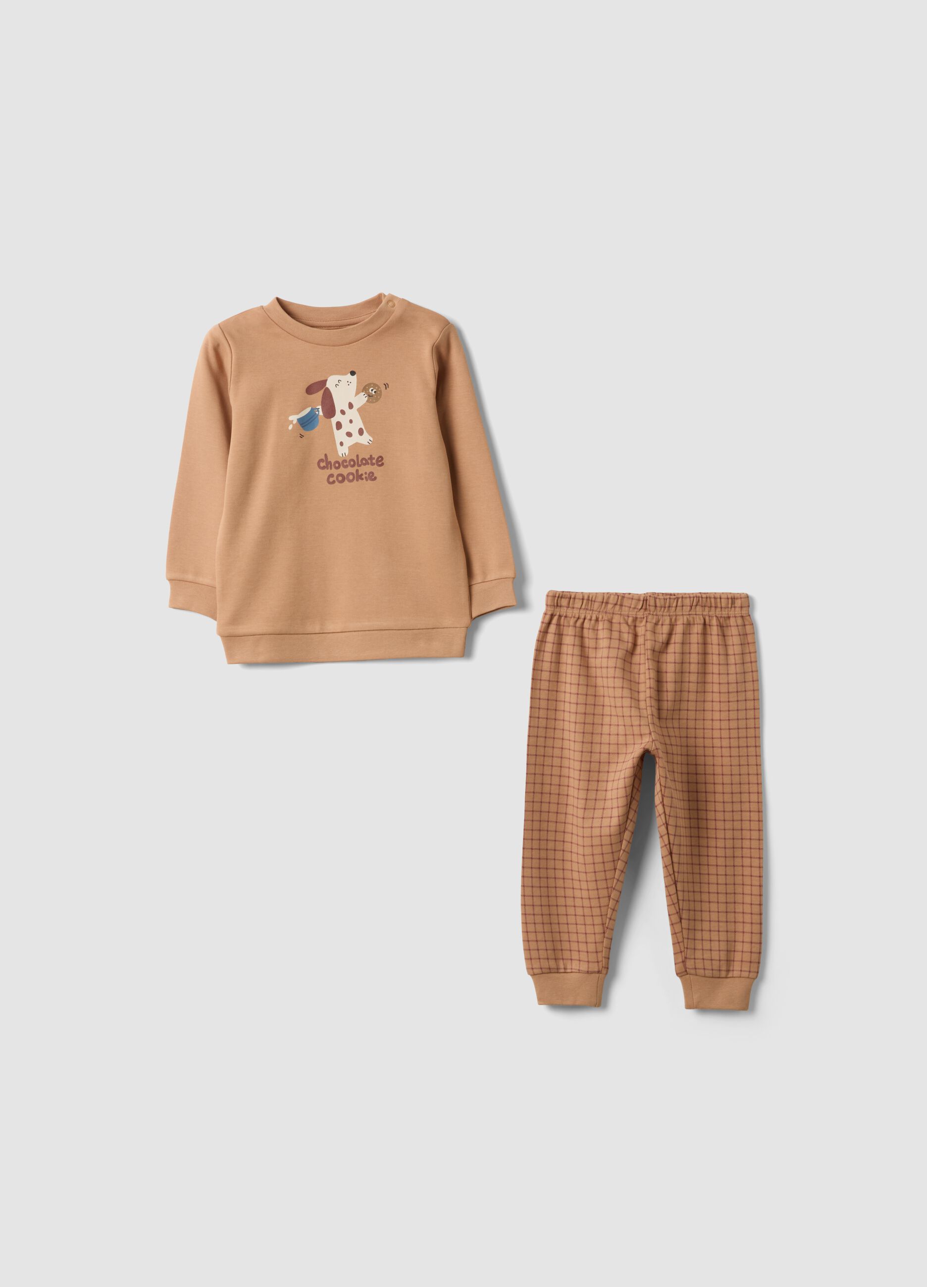 Brown pure organic cotton baby pyjamas with puppy print