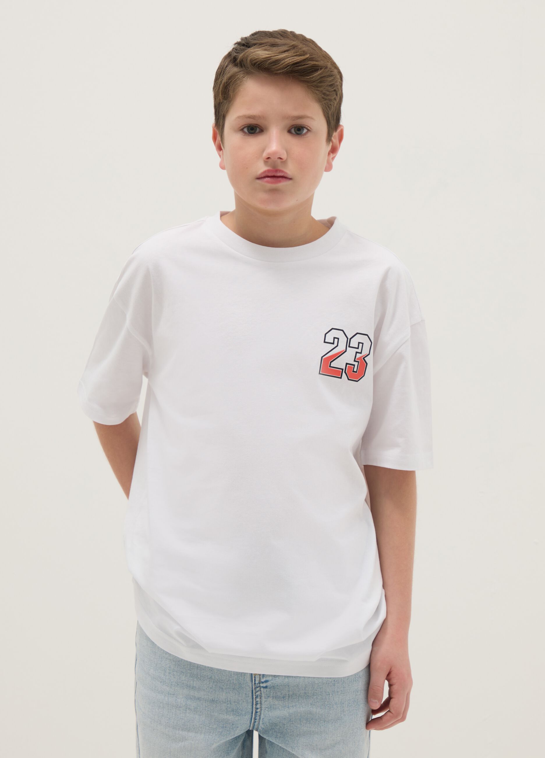 Oversized white cotton kids' T-shirt with print