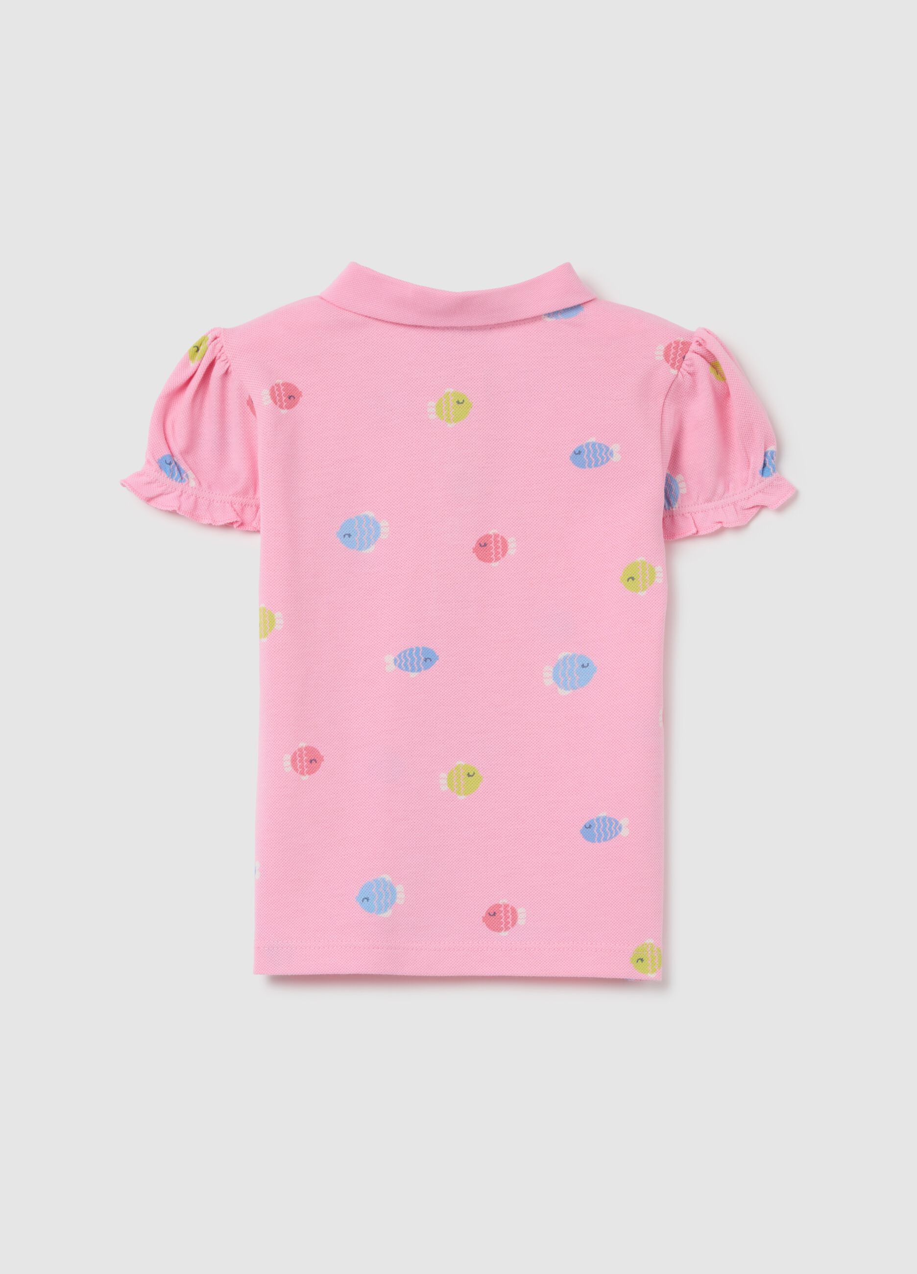 Pink polo with fish pattern in organic cotton
