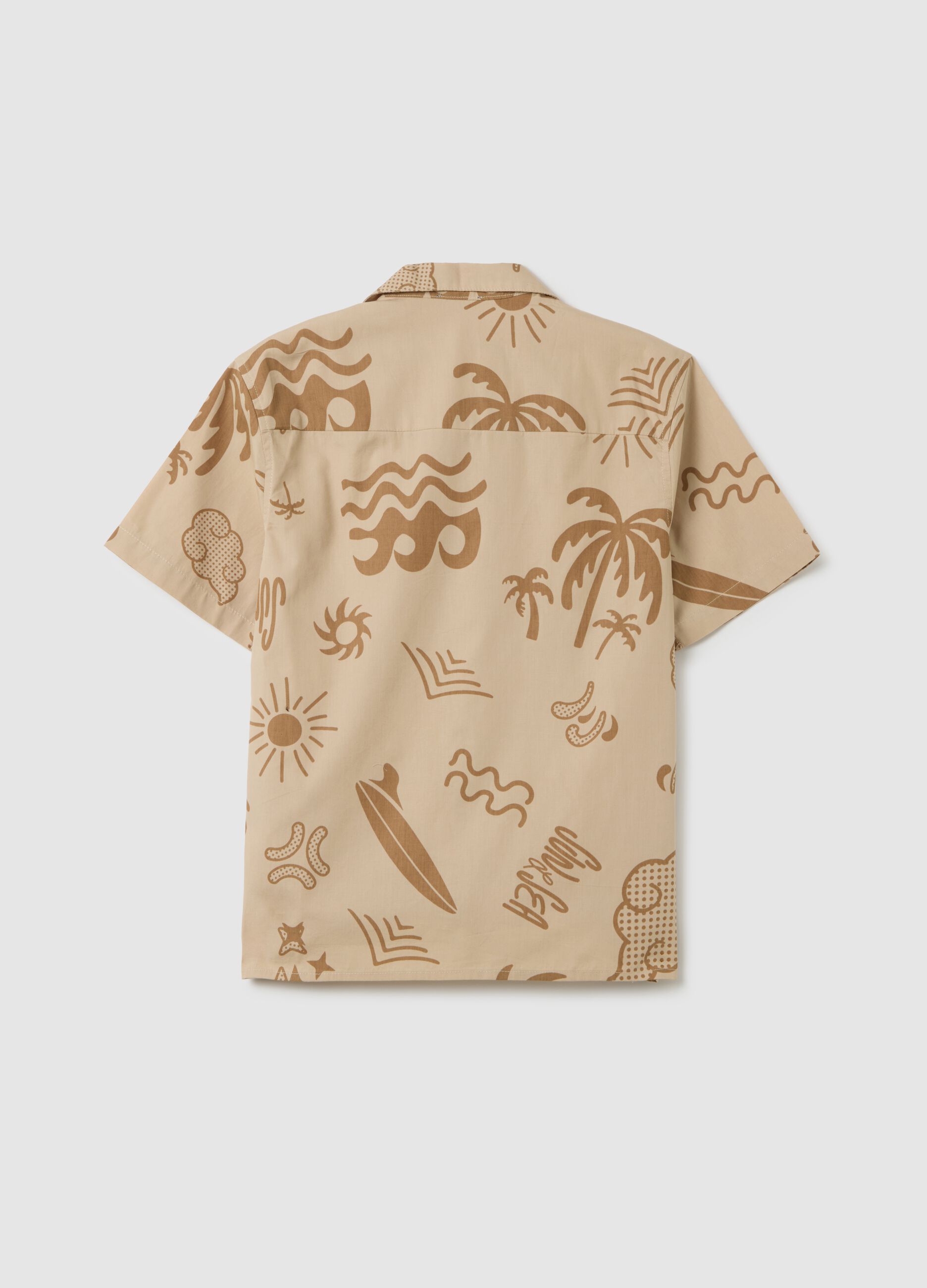 Boys' pure cotton beige oversized shirt with bowling collar