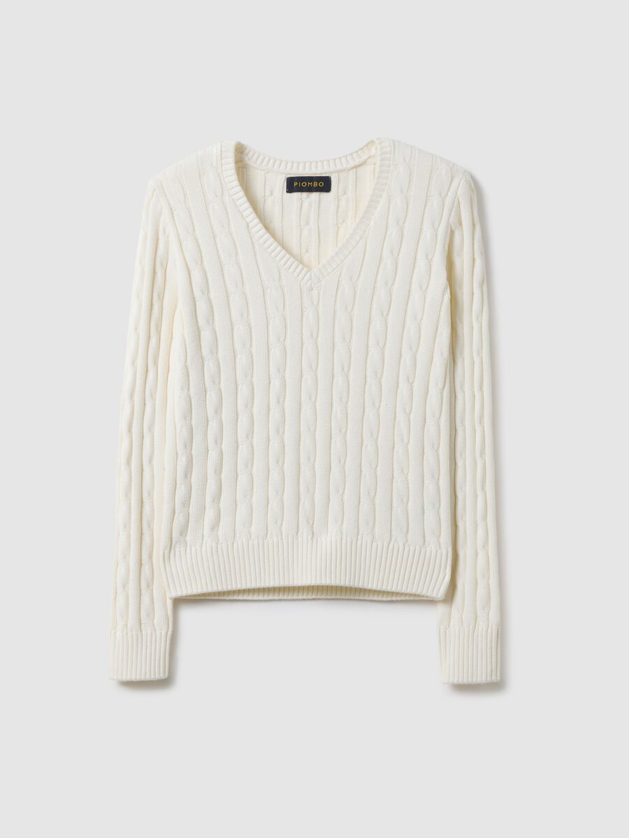 White pure cotton regular fit pullover with cable knit design_0