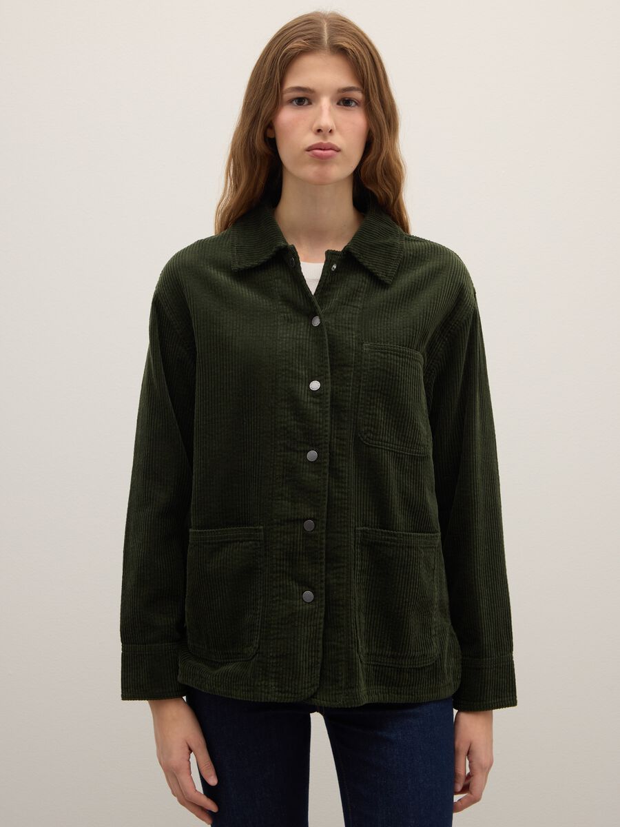 Green pure cotton regular fit corduroy shirt_0