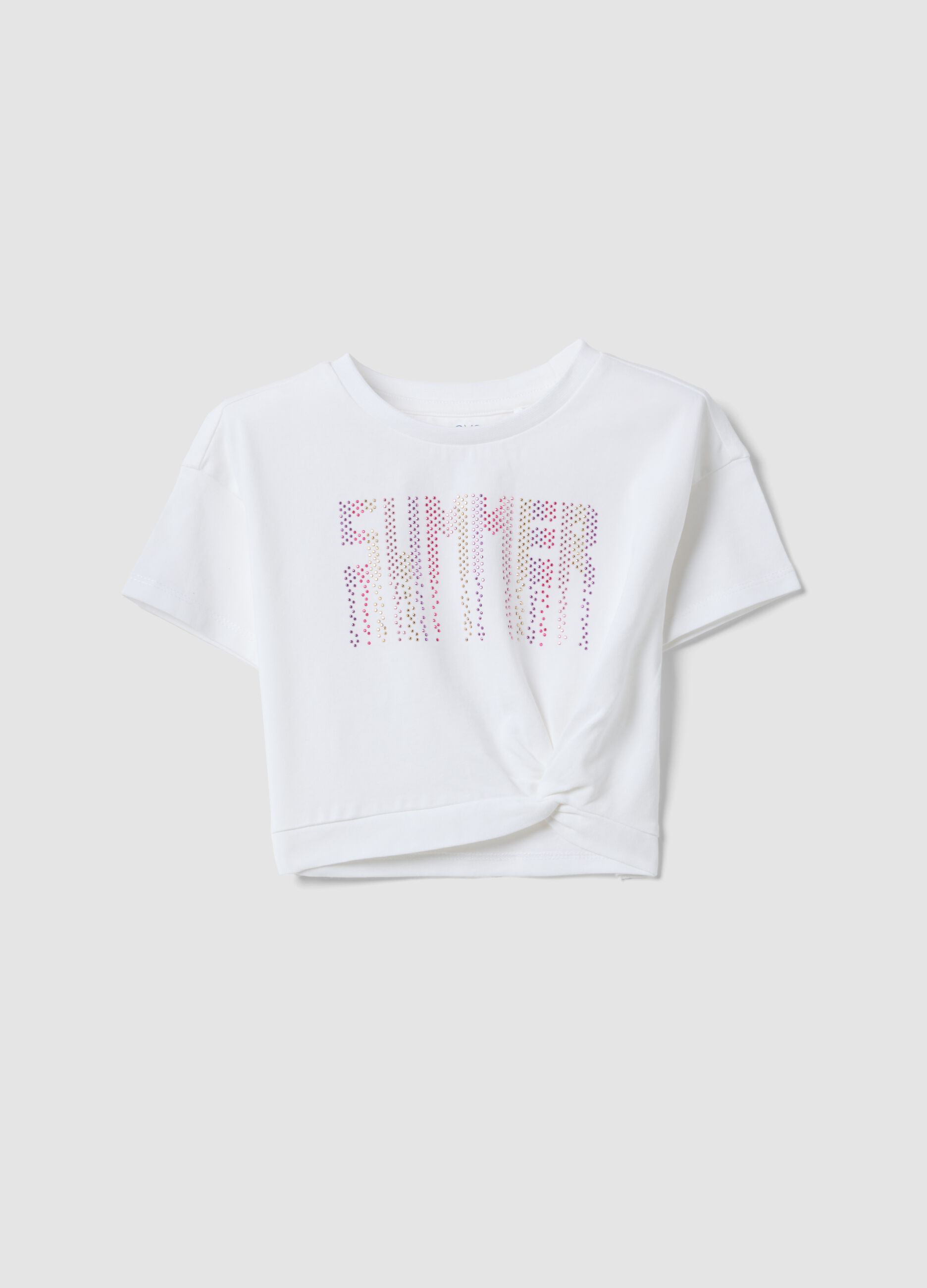 White stretch-cotton T-shirt with rhinestones