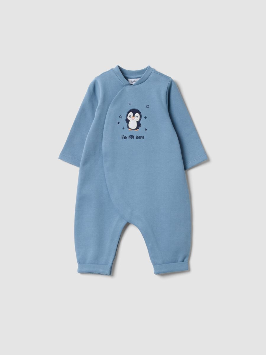Sky-blue organic cotton baby sleepsuit with embroidery_0