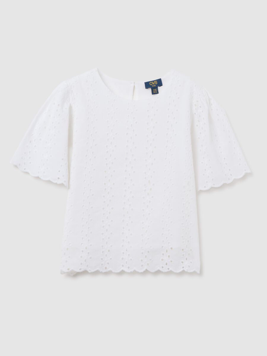 Maglietta da ragazze in puro cotone bianco regular fit con maniche corte e chiusura a bottoni_0