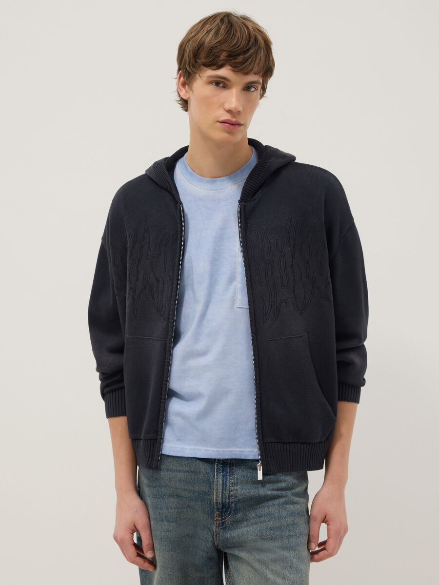 Oversized black cotton hoodie with zip_1