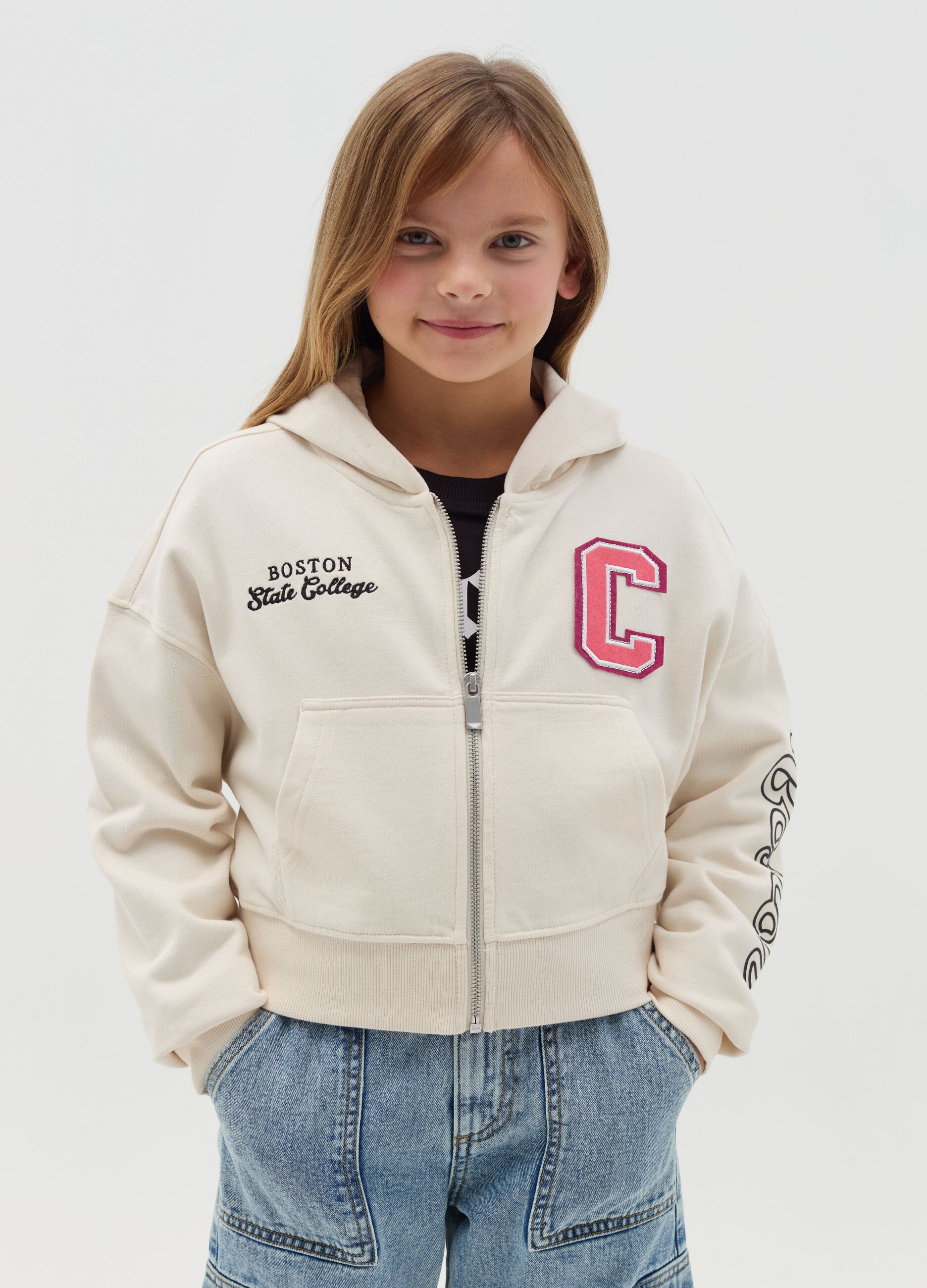 Cropped full-zip sweatshirt with "Boston State College" embroidery
