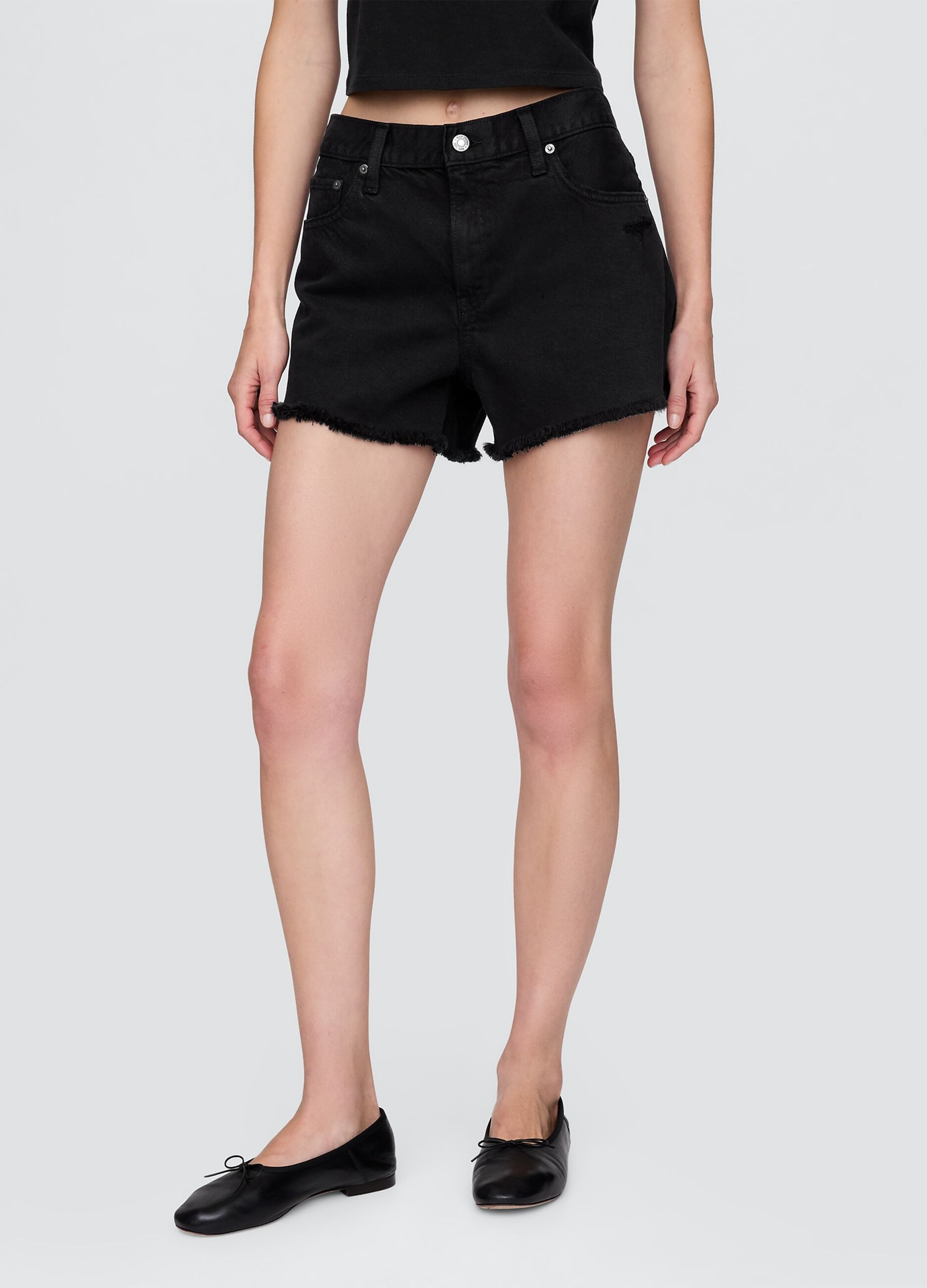 Black Denim Shorts with Frayed Hem