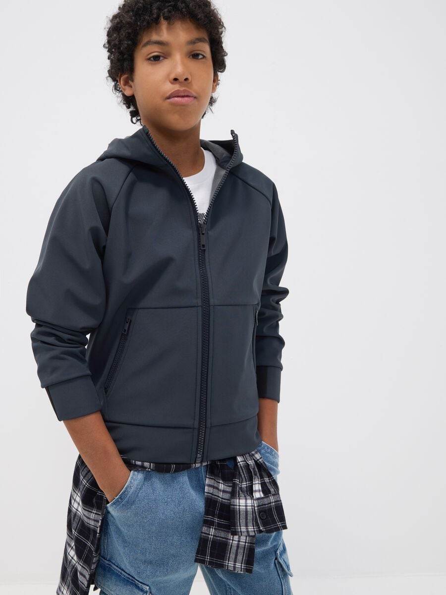 Grey hooded stretch-fabric jacket for boys_0