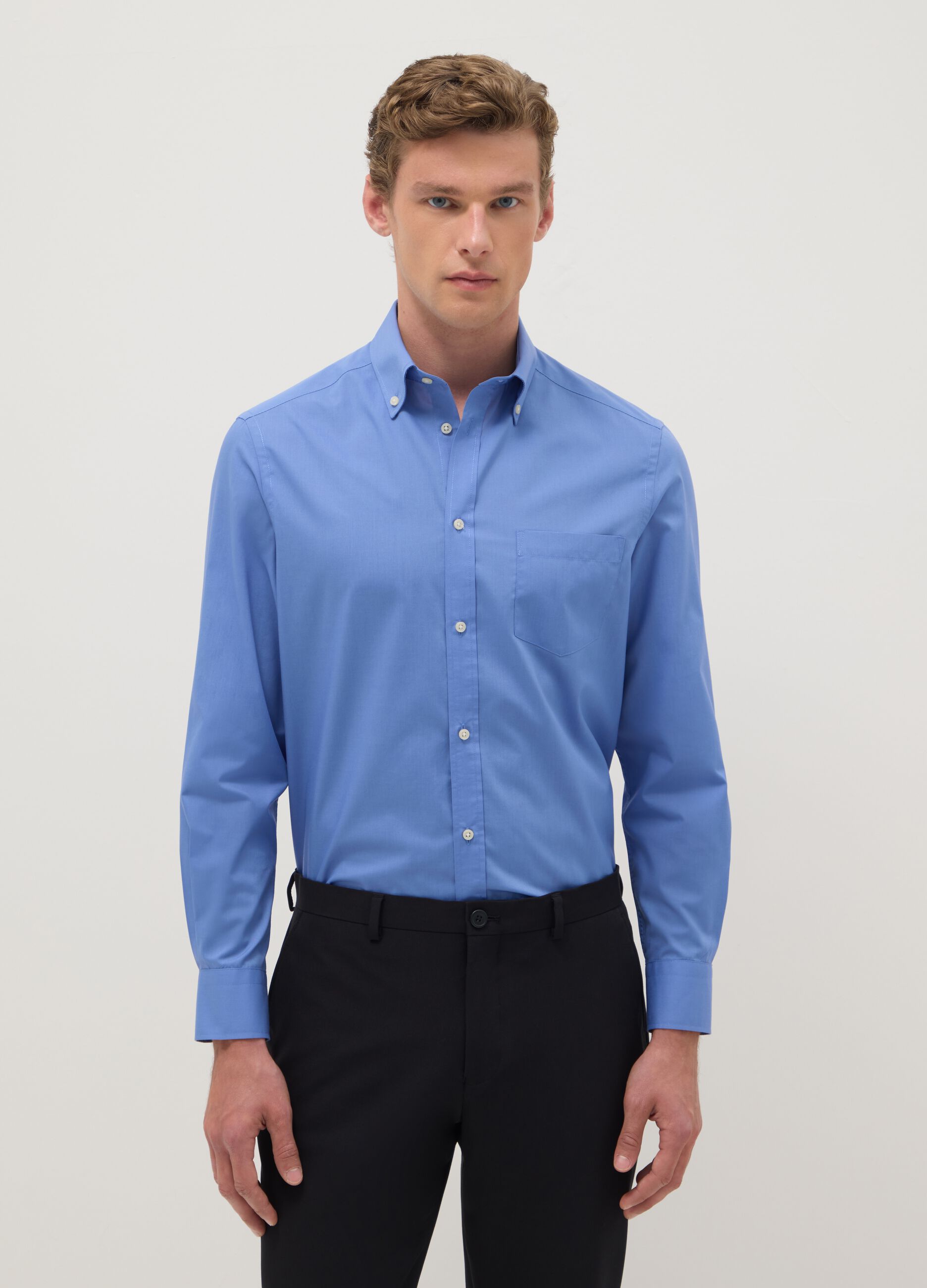 Regular Fit Easy Iron Blue Shirt with Button-Down Collar