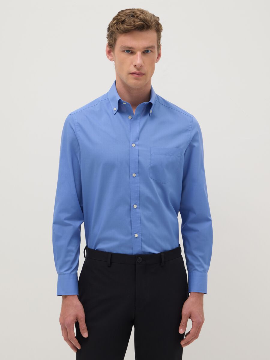 Regular Fit Easy Iron Blue Shirt with Button-Down Collar_0