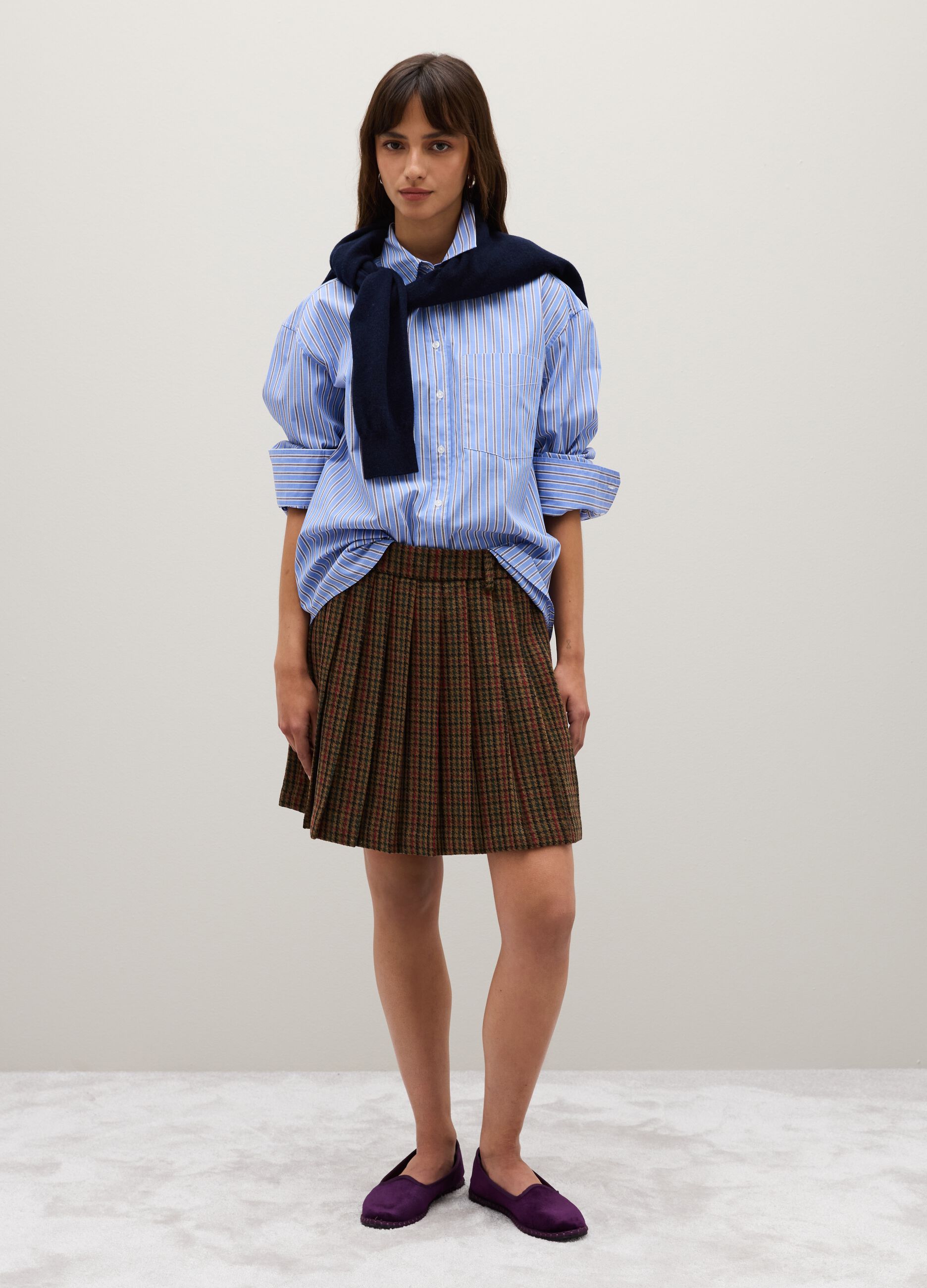 Brown wool-blend pleated skirt