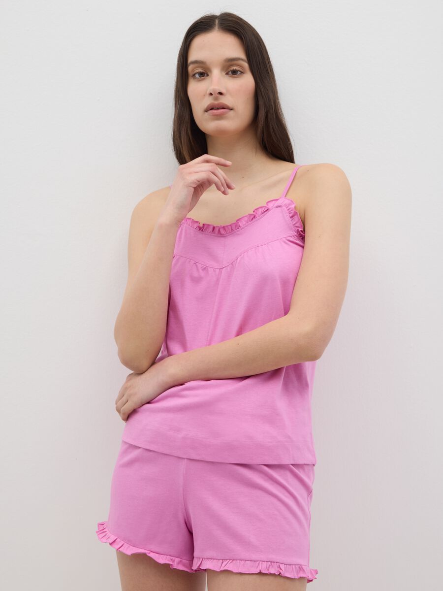 Women's pure cotton pink pyjama set with regular fit and ruffles_1