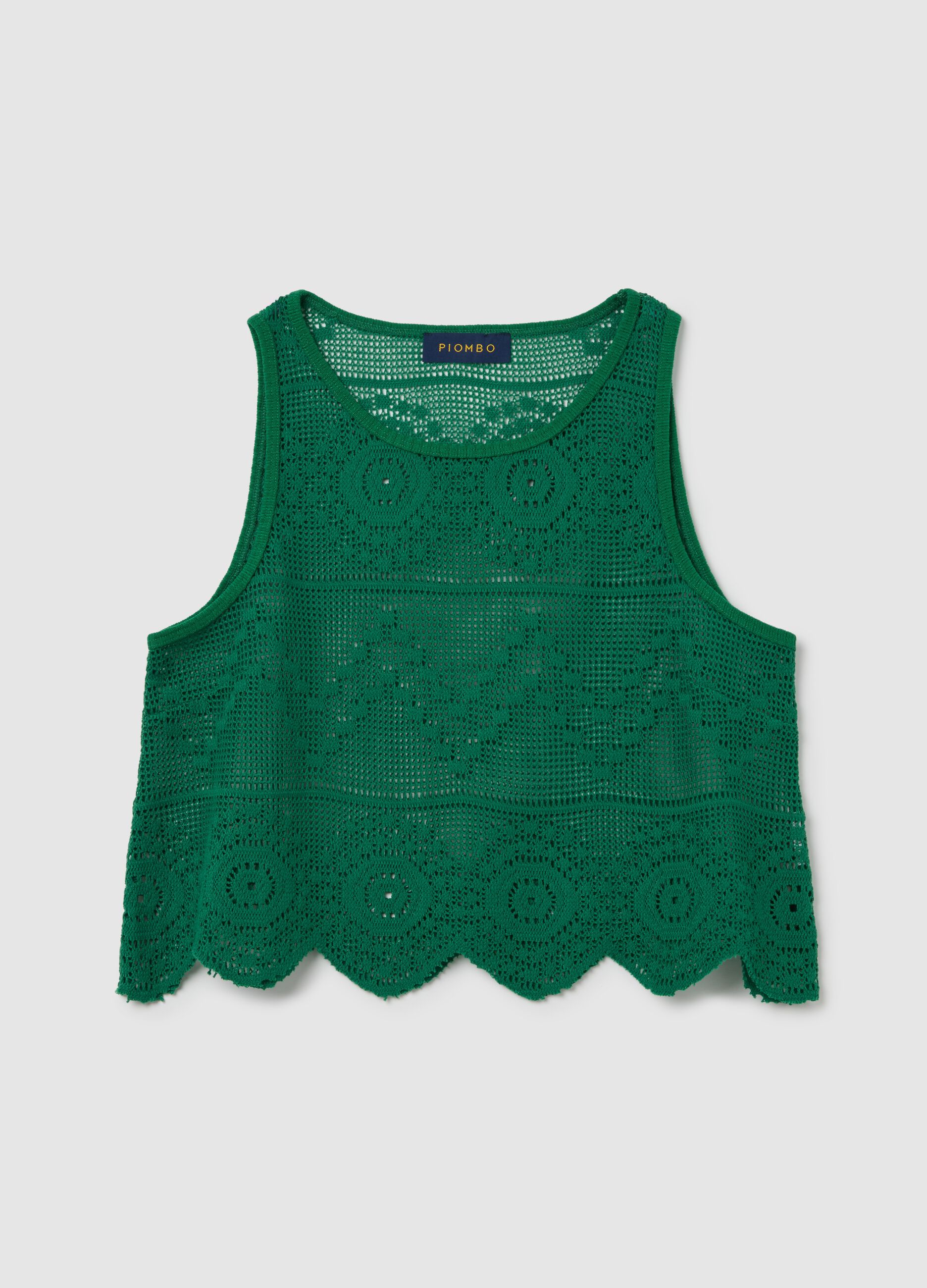 Canotta da donna in misto cotone verde regular fit con motivo crochet
