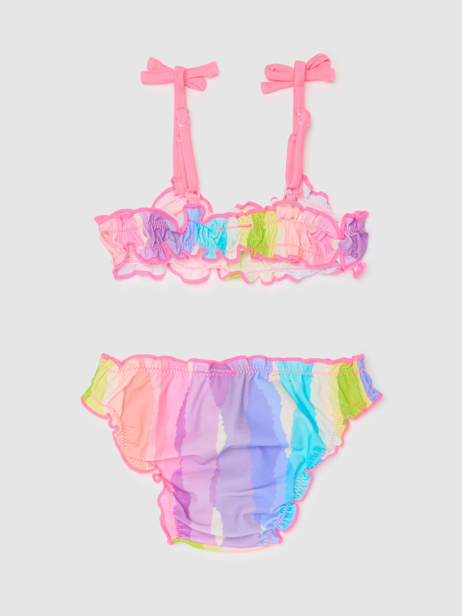 Girls’ bikini in multicoloured stretch fabric with flounces_1