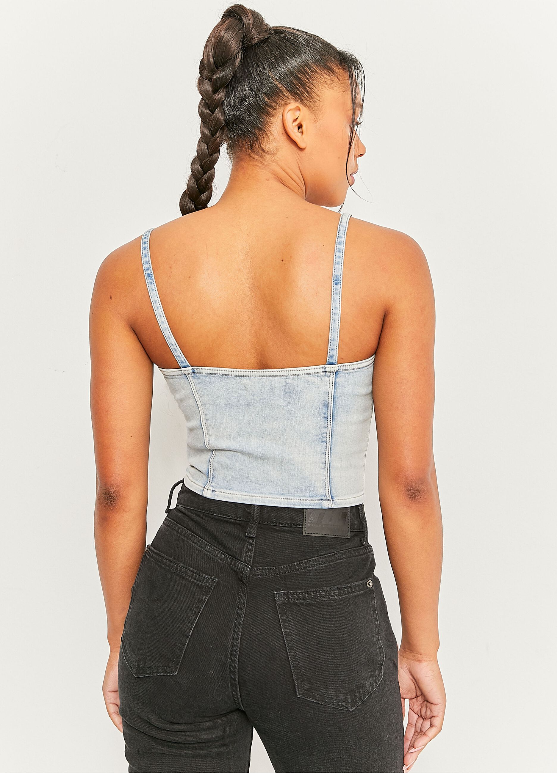 Crop corset top in denim with zip