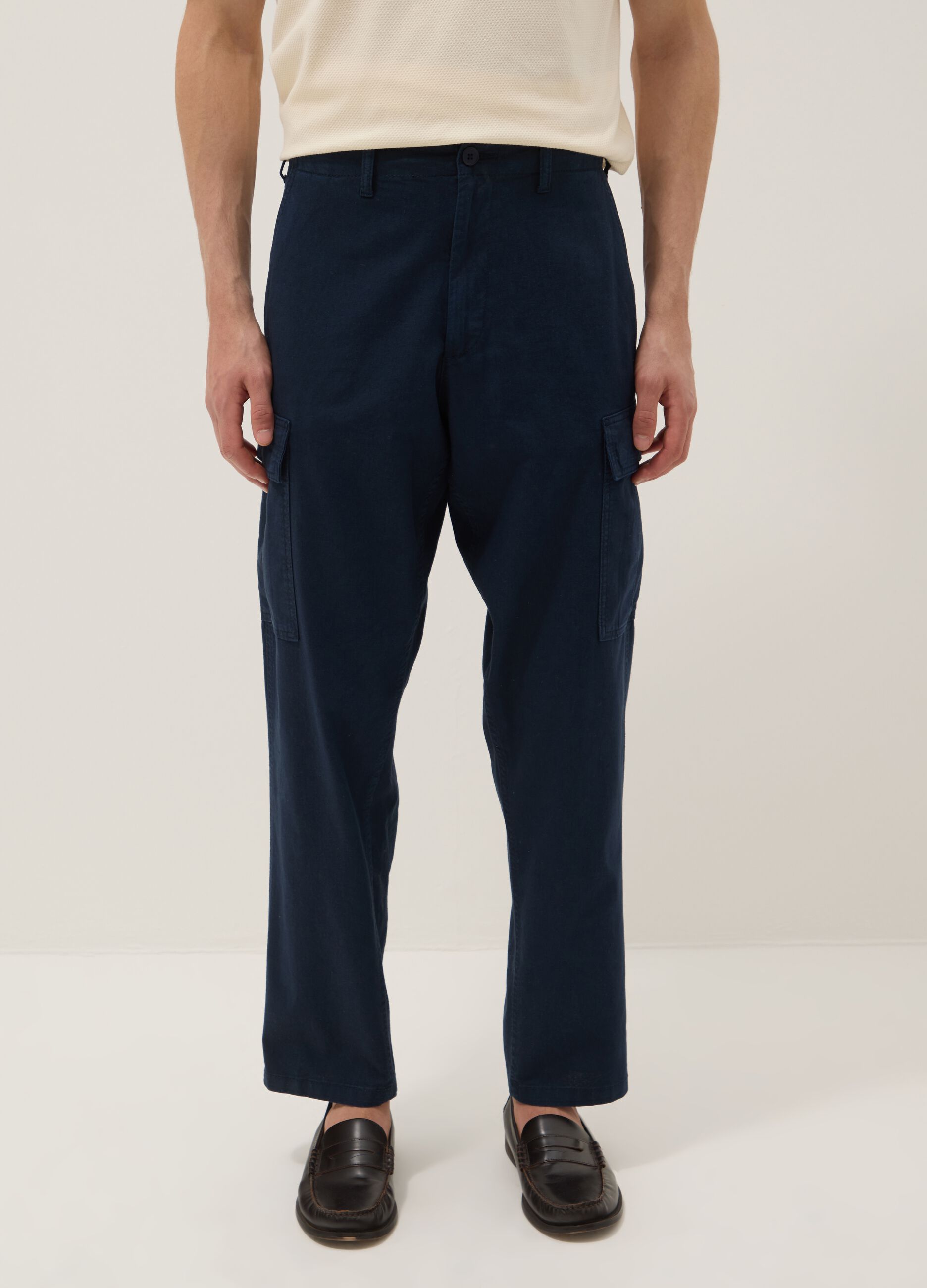 Blue regular-fit linen and cotton blend cargo trousers
