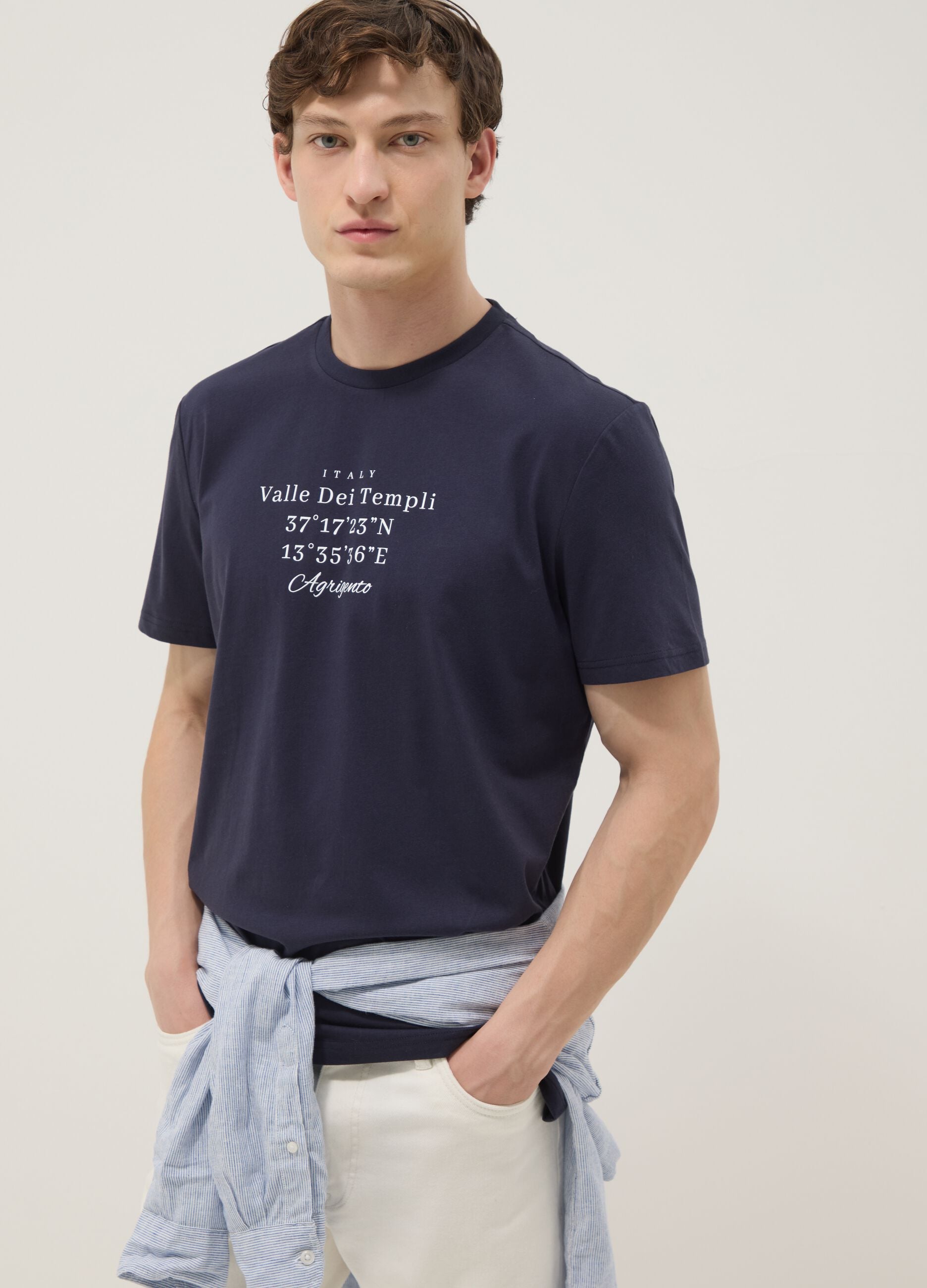 Blue short-sleeve pure cotton T-shirt, regular fit