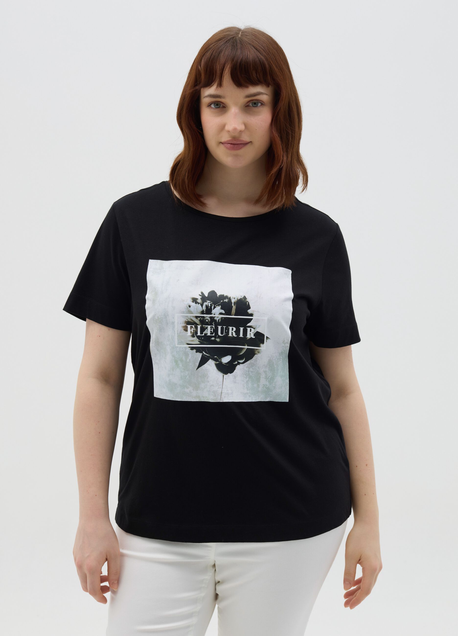 T-shirt nera a maniche corte in cotone Curvy