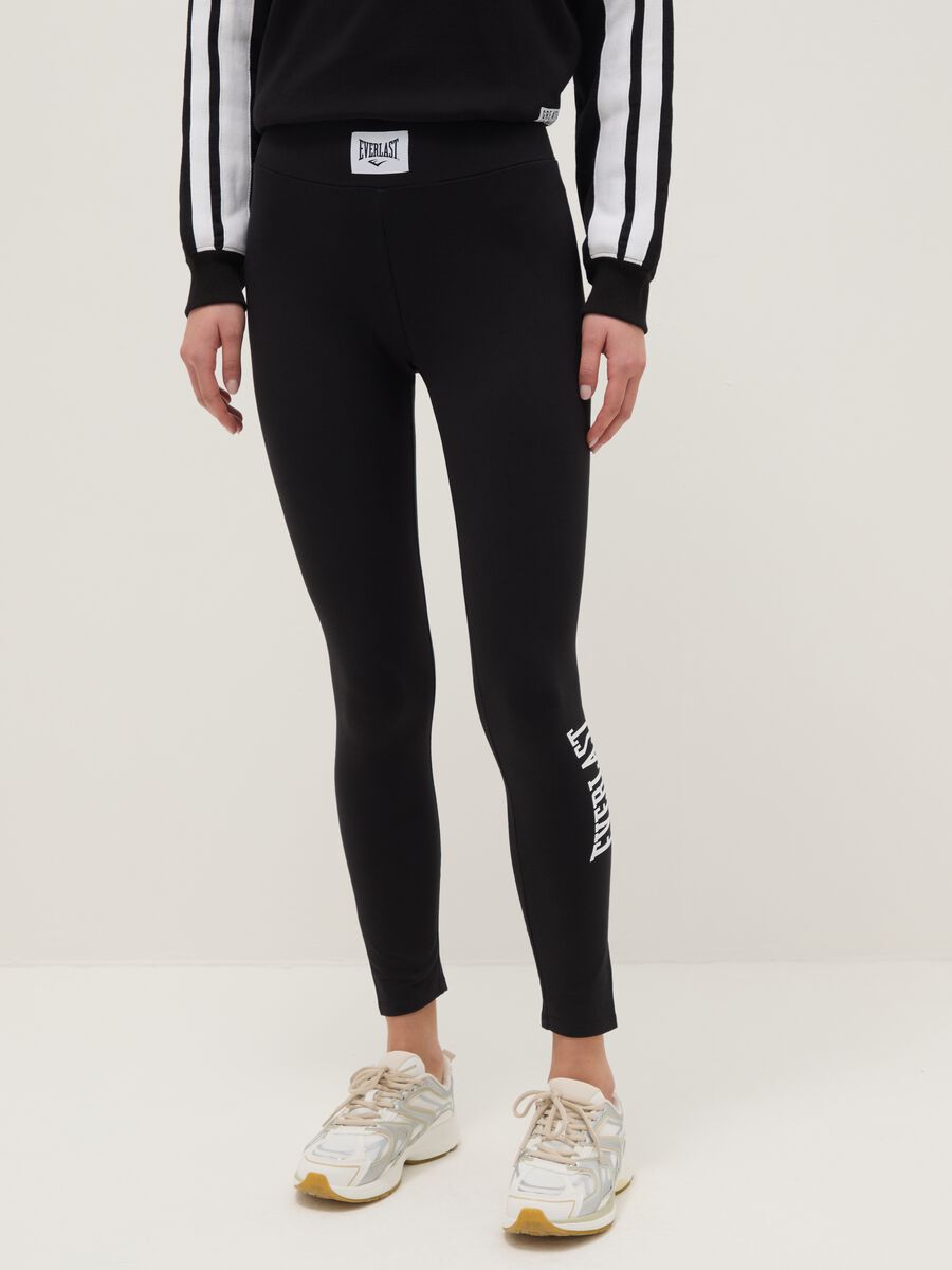 Black stretch cotton leggings regular fit with Everlast logo_1